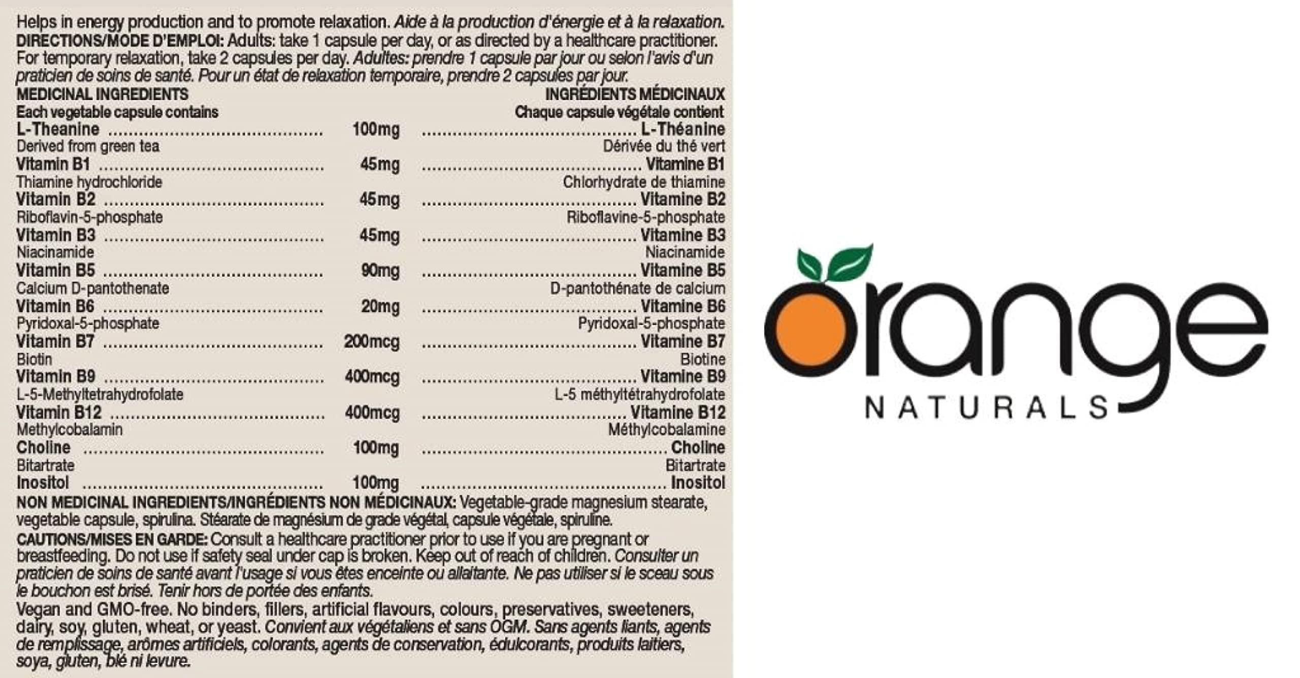 Orange Naturals - Complexe de vitamines B avec L-Théanine, 45 capsules pour 45 jours - Supplément de vitamines du complexe B à base de coenzymes - Spectre complet de vitamines B - Améliore l'énergie, le sommeil et favorise la relaxation mentale