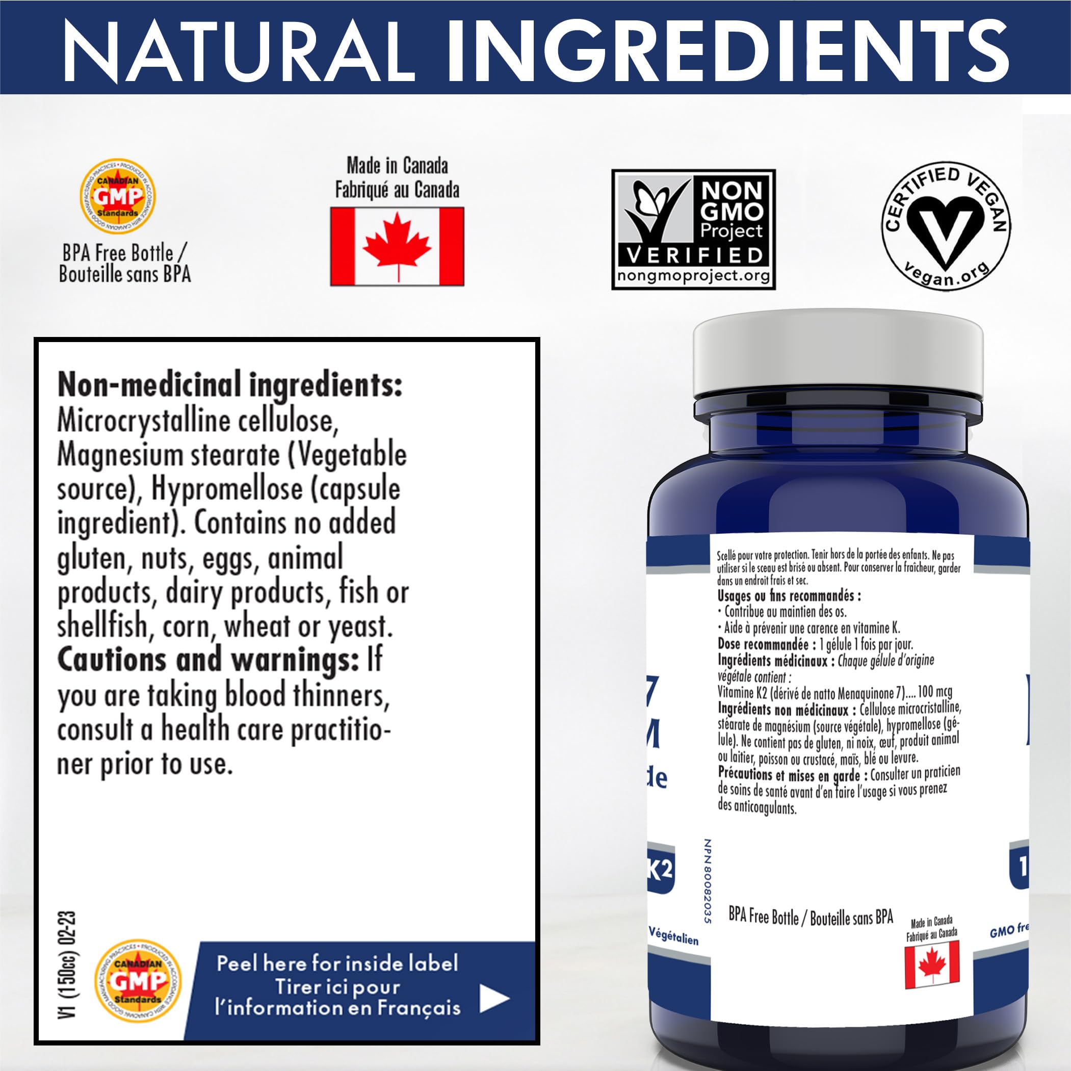 Vitamin K2 MK-7 - K2 Vitamin Supplement MK-7 Vitamin K-2 100 mcg - Heart Health - Cardiovascular Health - Blood Clotting - 3rd Party Tested - Formulated & Made in Canada