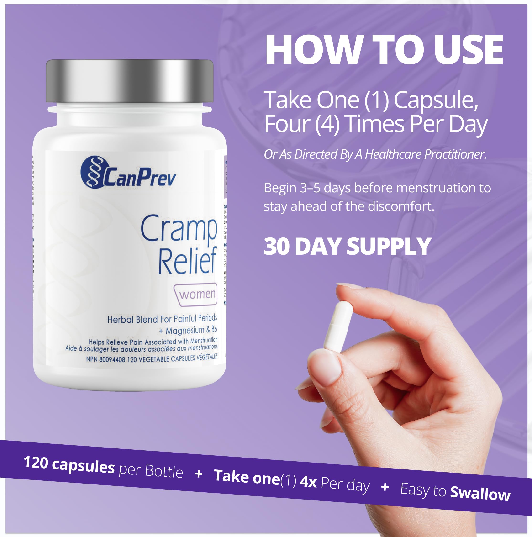 CanPrev Cramp Relief Women, 120 gélules végétaliennes (approvisionnement de 30 jours) - Soulage les spasmes musculaires et la douleur associés aux menstruations - Soulage la nervosité et la tension associées aux règles douloureuses