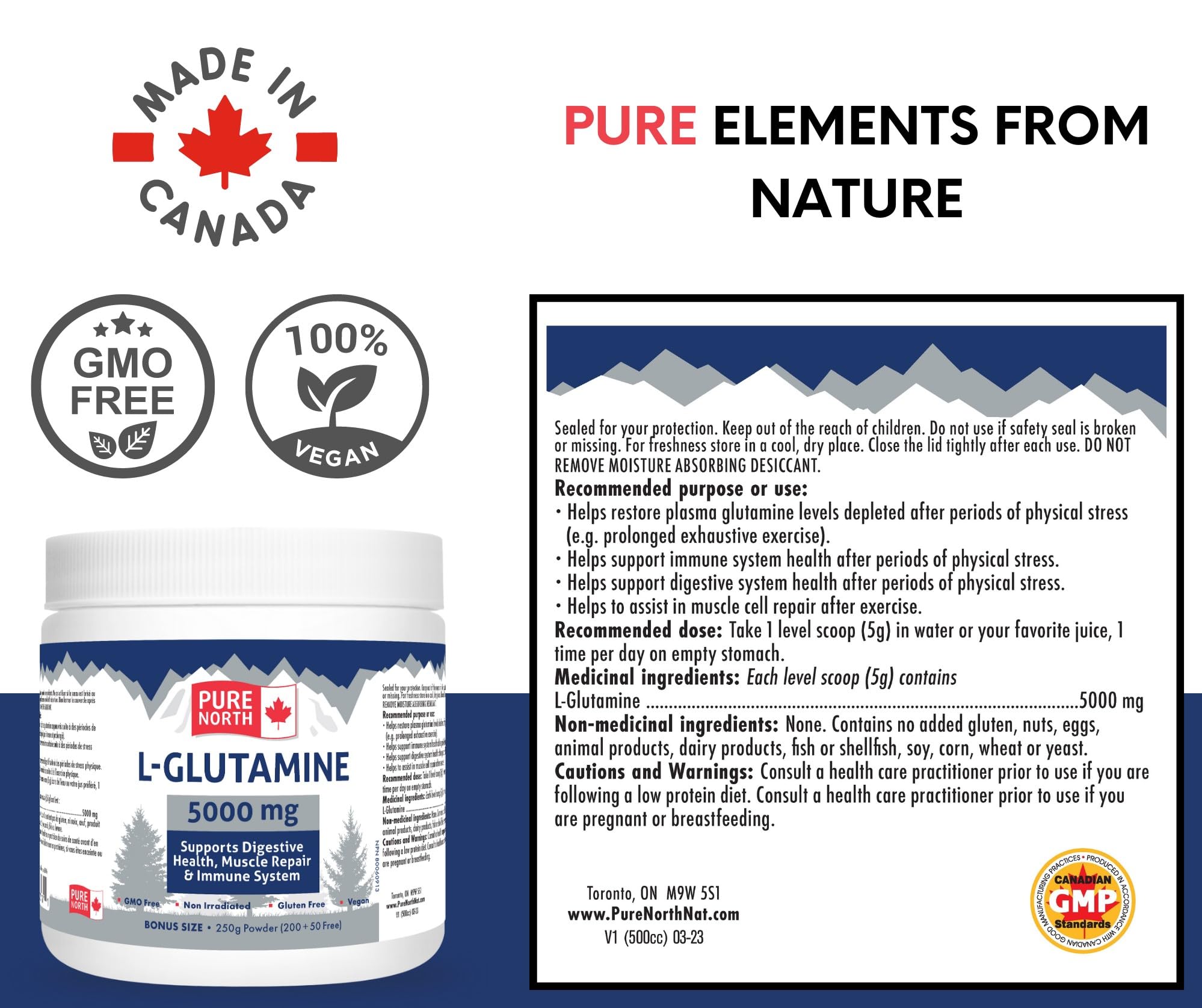 Pure North Naturals - L-Glutamine 5000mg, 250g Powder 50-Servings - Gut Health and Digestive Health - Support Muscle Repair & Support Immune System - 3rd Party Tested - Formulated & Made in Canada