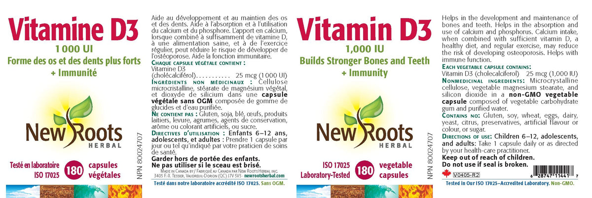 New Roots Herbal Vitamin D3 Capsules, 1,000 IU, 180 Capsules, 6+ Months