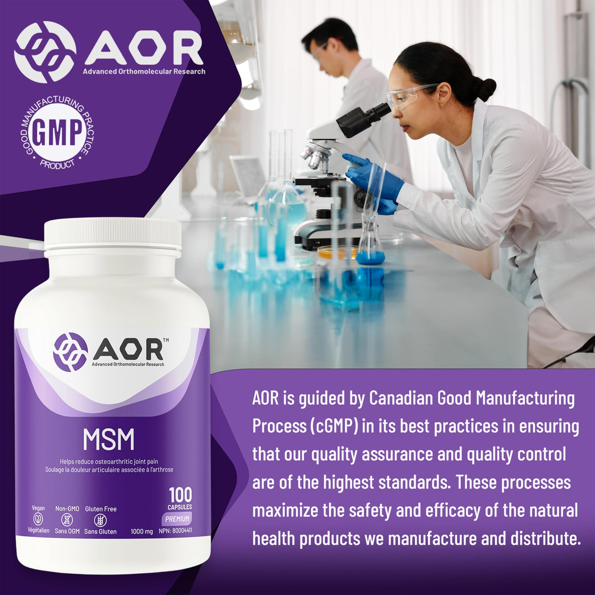AOR MSM Joint Supplement, 1000 mg, 100 Vegan Capsules, Gluten Free, Non GMO
