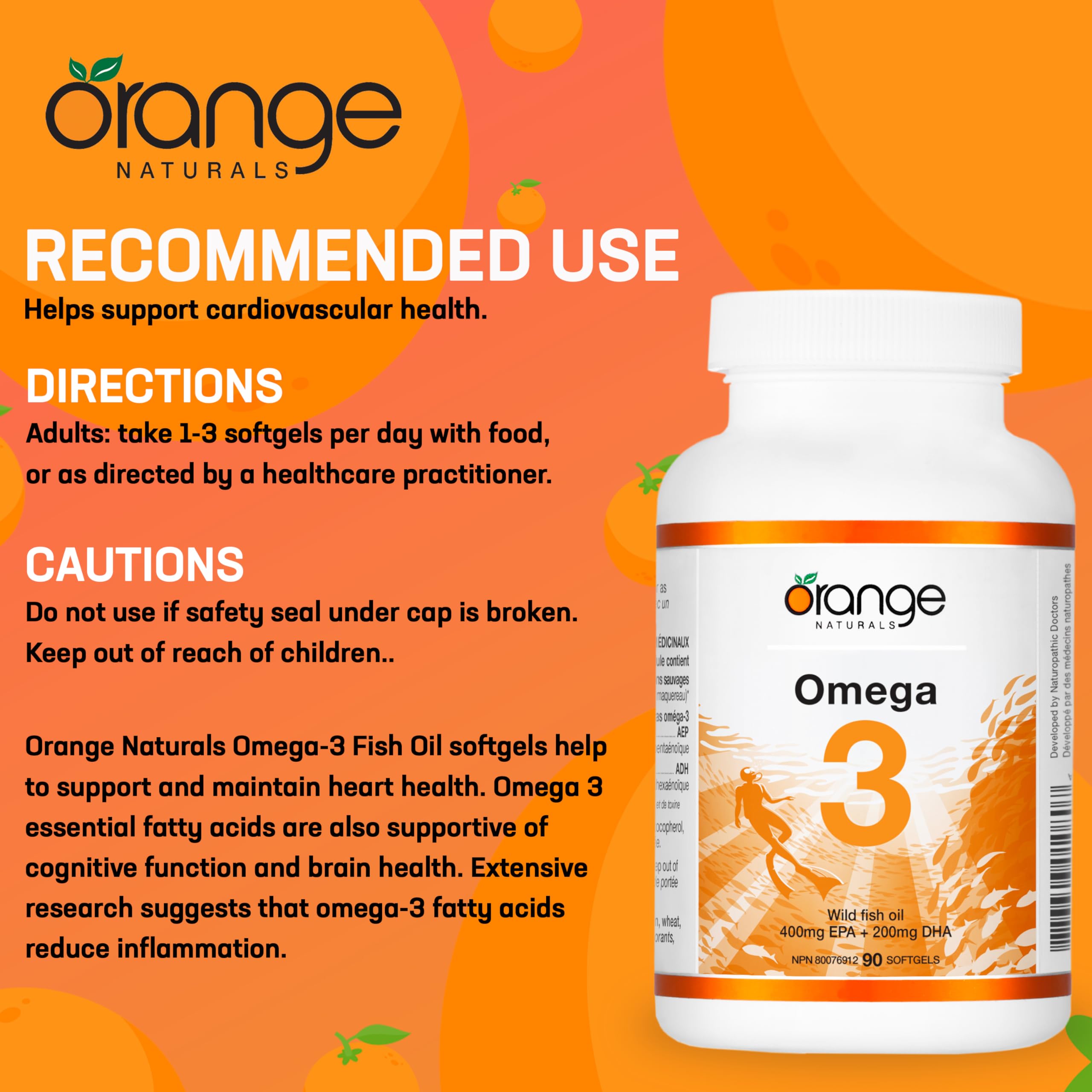 Orange Naturals Huile de poisson Oméga-3 - 90 gélules pour une meilleure santé cérébrale et cardiaque, acides gras essentiels triple concentration, sans OGM, haute teneur en EPA et DHA, soutient la fonction cognitive et le bien-être cardiaque