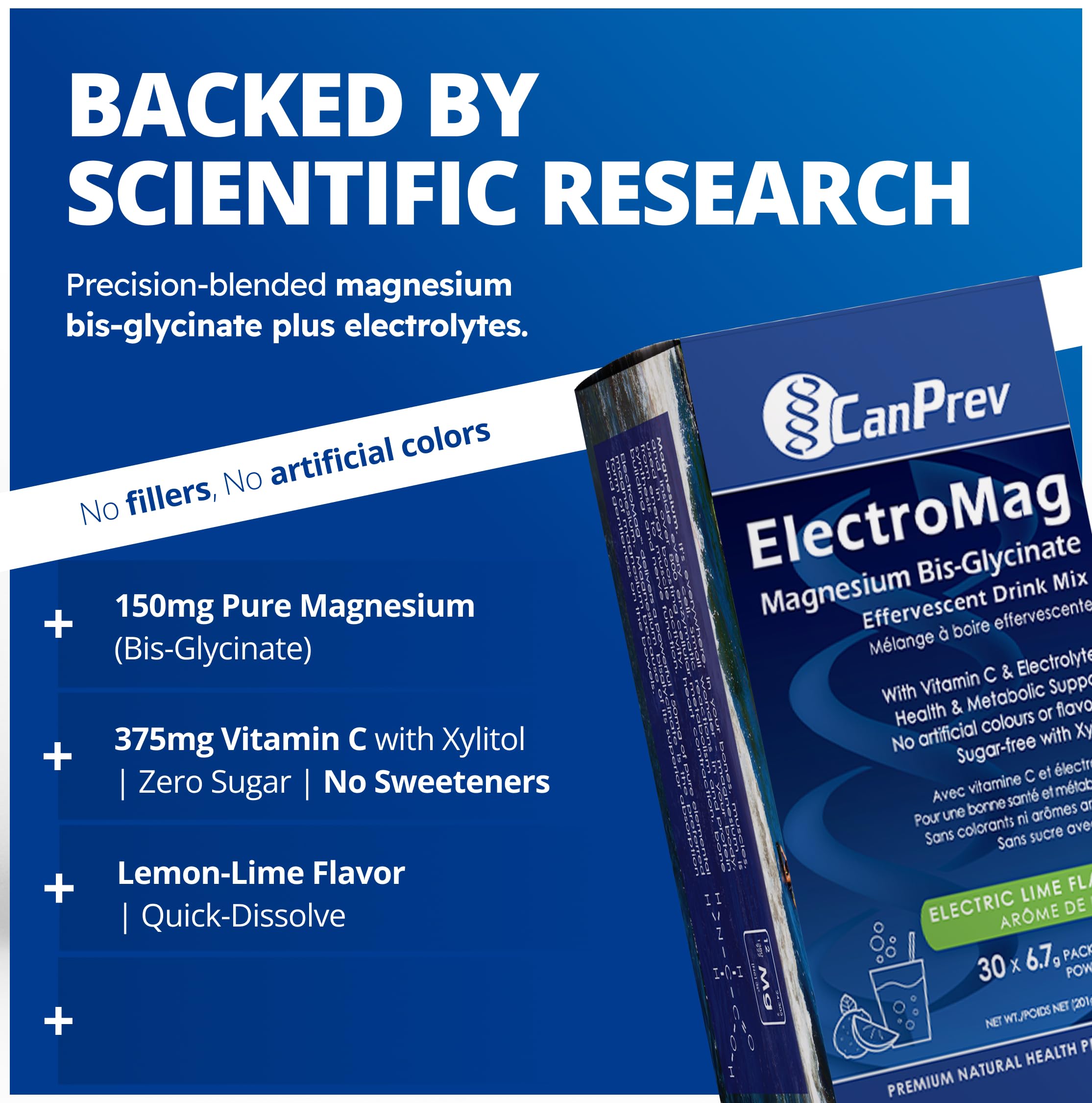 CanPrev ElectroMag Boîte de boisson effervescente, 30 sachets pour 30 jours - Saveur citron-vert, bisglycinate de magnésium pur avec électrolytes et vitamine C, poudre de xylitol sans sucre pour l'hydratation et l'énergie