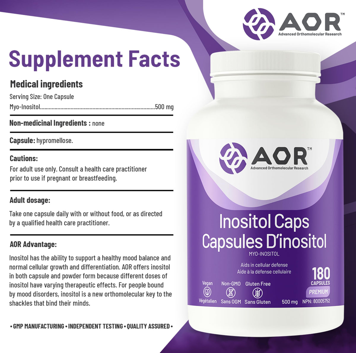 AOR Inositol Supplement, Myo-Inositol Supplement, 180 Caps, 6 Months Supply