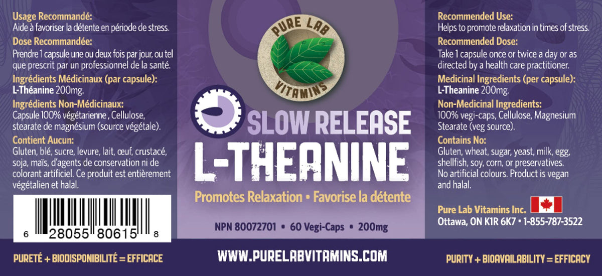 Pure Lab Vitamins | Slow Release L-Theanine 200mg | 60 Vegi Capsules | Concerns and Pressure Relief Supplements | Brain Memory & Focus Supplement for Adults