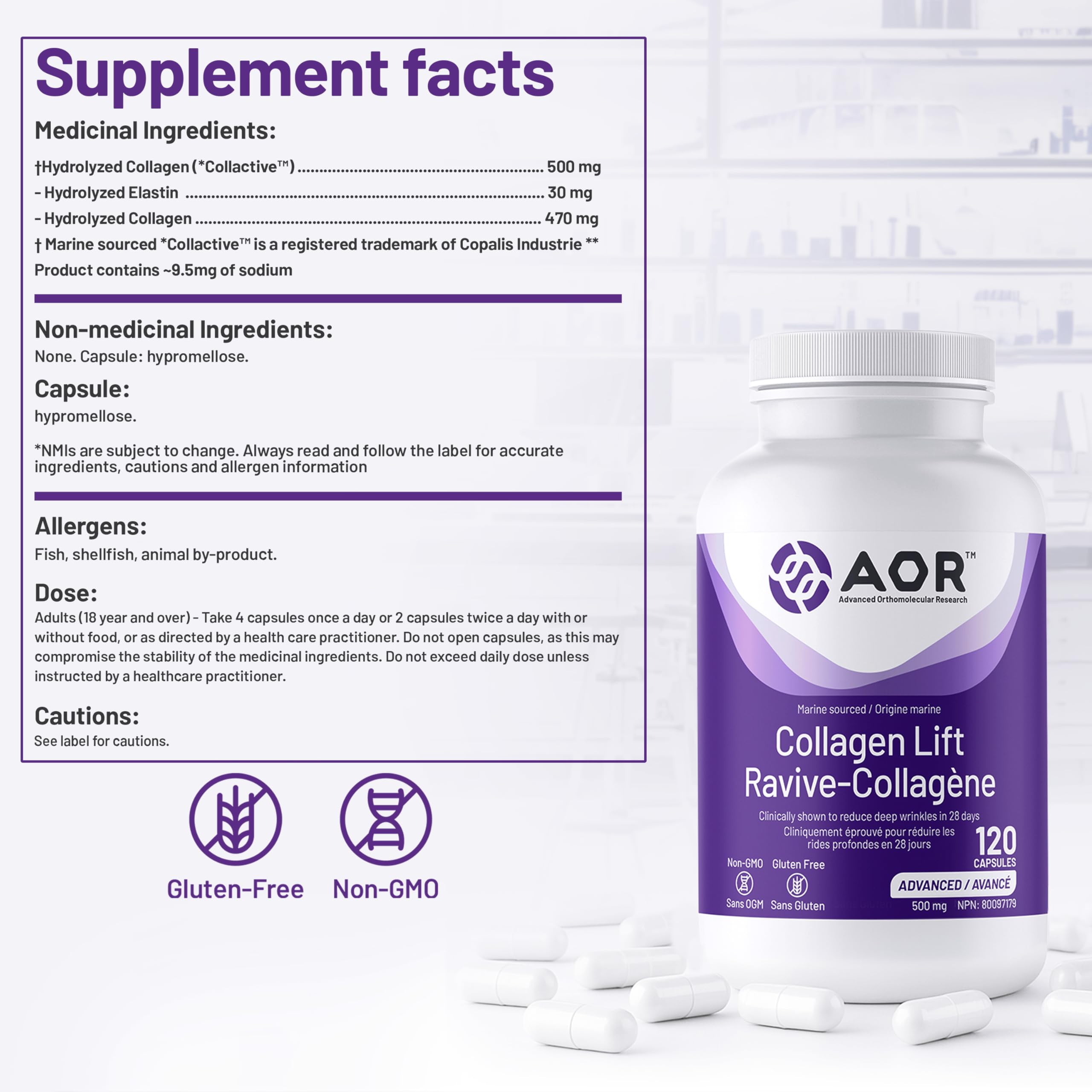 AOR Collagen Lift 500mg, 120 gélules, cure de 30 jours – Complément de collagène marin hydrolysé, favorise une peau lisse et des articulations souples, améliore l'élasticité et l'hydratation de la peau – Sans gluten et sans OGM