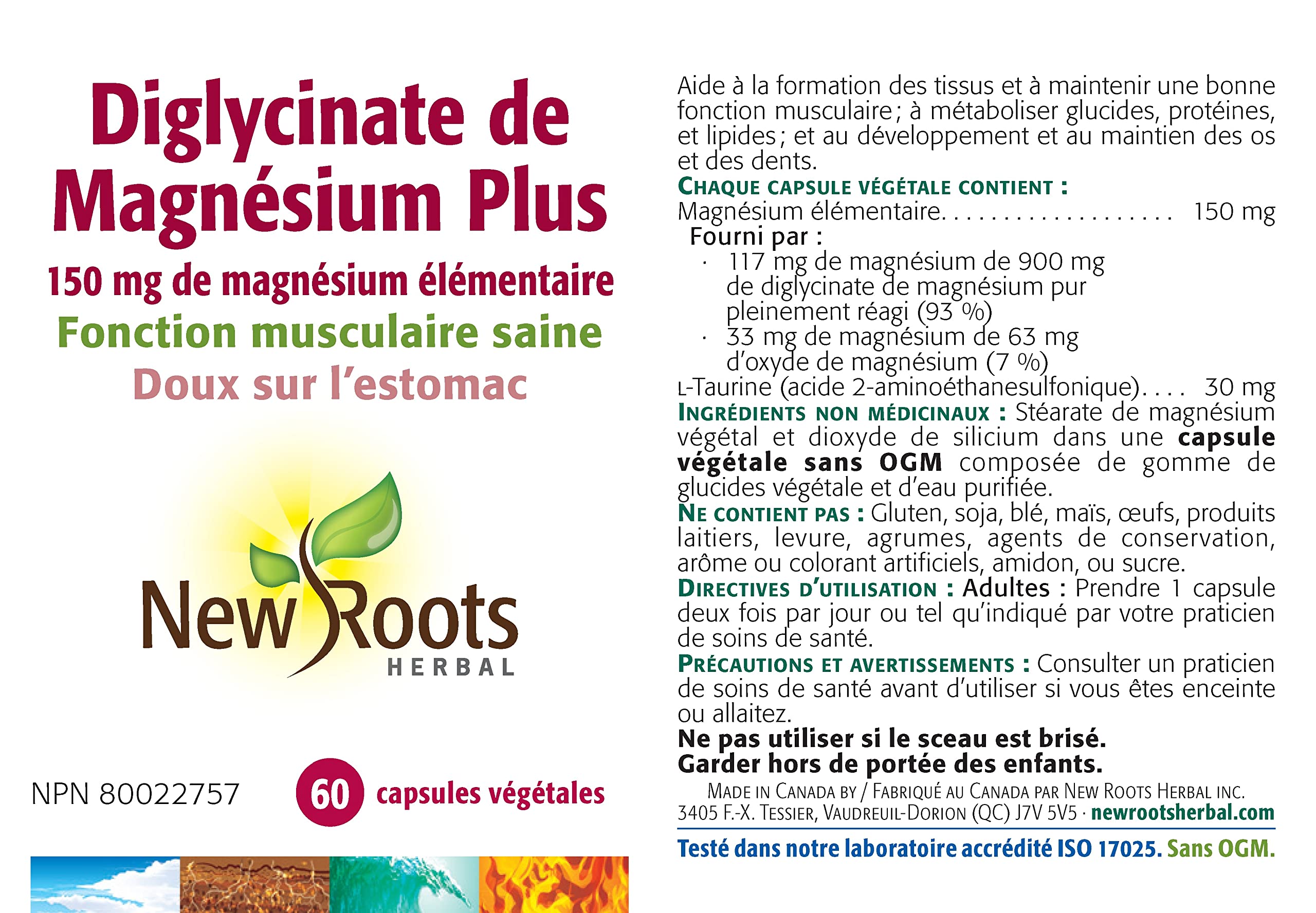 New Roots Herbal Bisglycinate de magnésium Plus, 60 capsules végétales pour 30 jours - 150 mg de magnésium élémentaire, favorise un mode de vie actif, sans OGM, sans gluten, doux pour la digestion avec une absorption supérieure