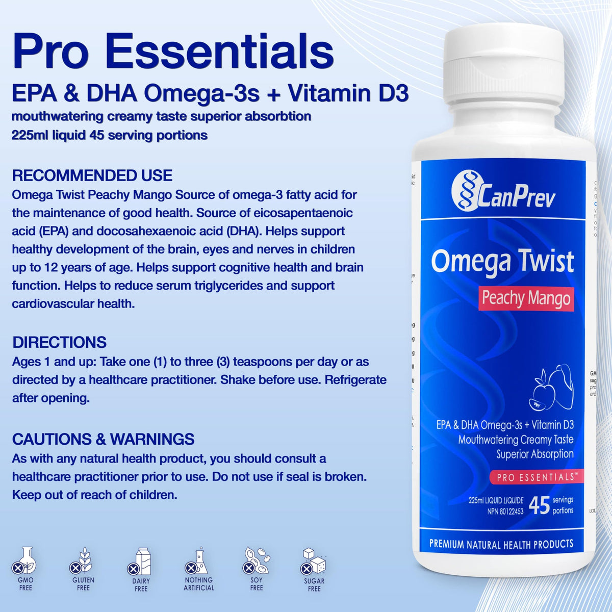 CanPrev Omega Twist Omega 3 Liquid Supplement, Vitamin D3, 45 Servings