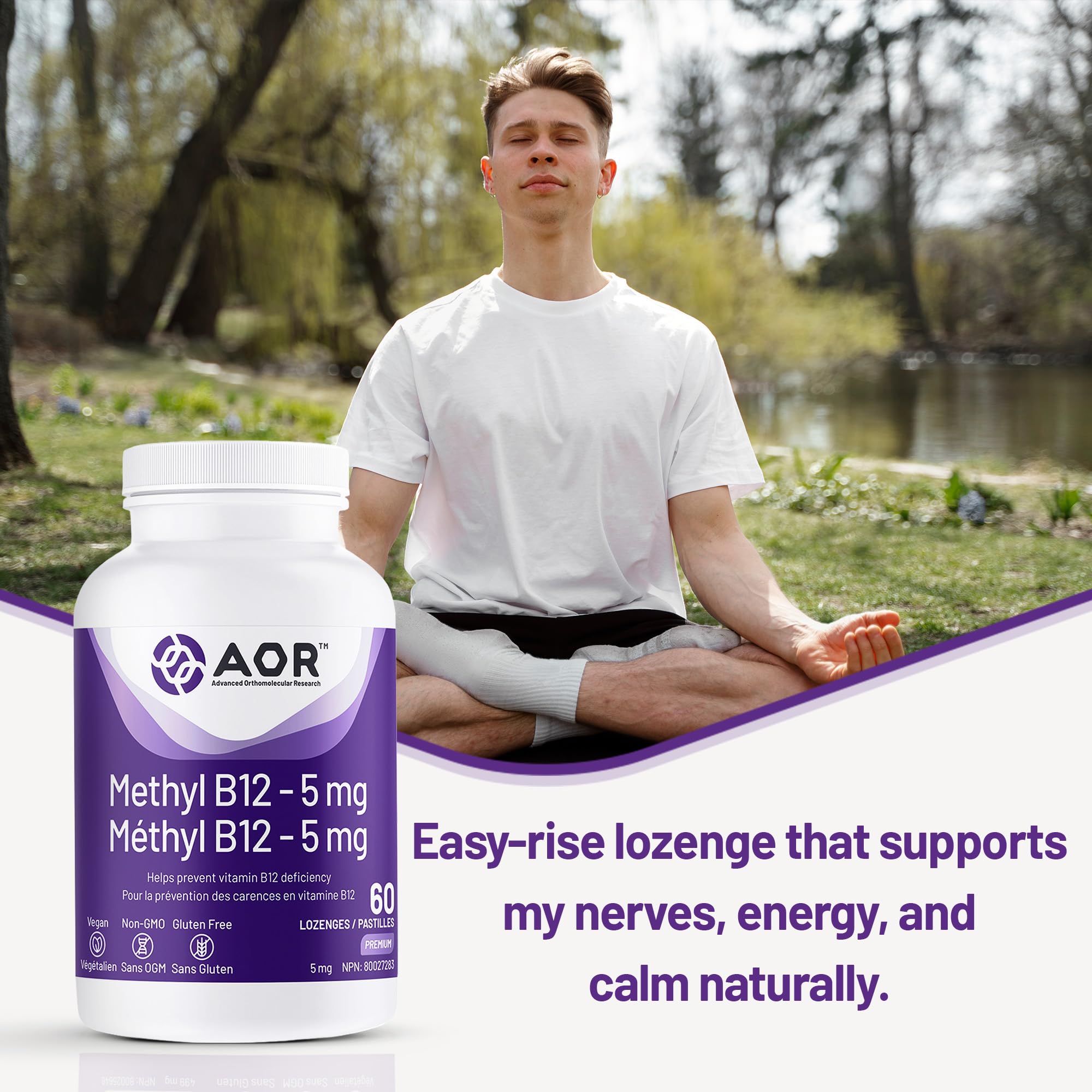 AOR - Méthyl B12, 60 pastilles - Vitamine B12 Méthylcobalamine - Complément favorisant la santé nerveuse - Supplément végétalien de B12 - Aide à prévenir la carence en vitamine B12 - Capsules de B12 méthylée