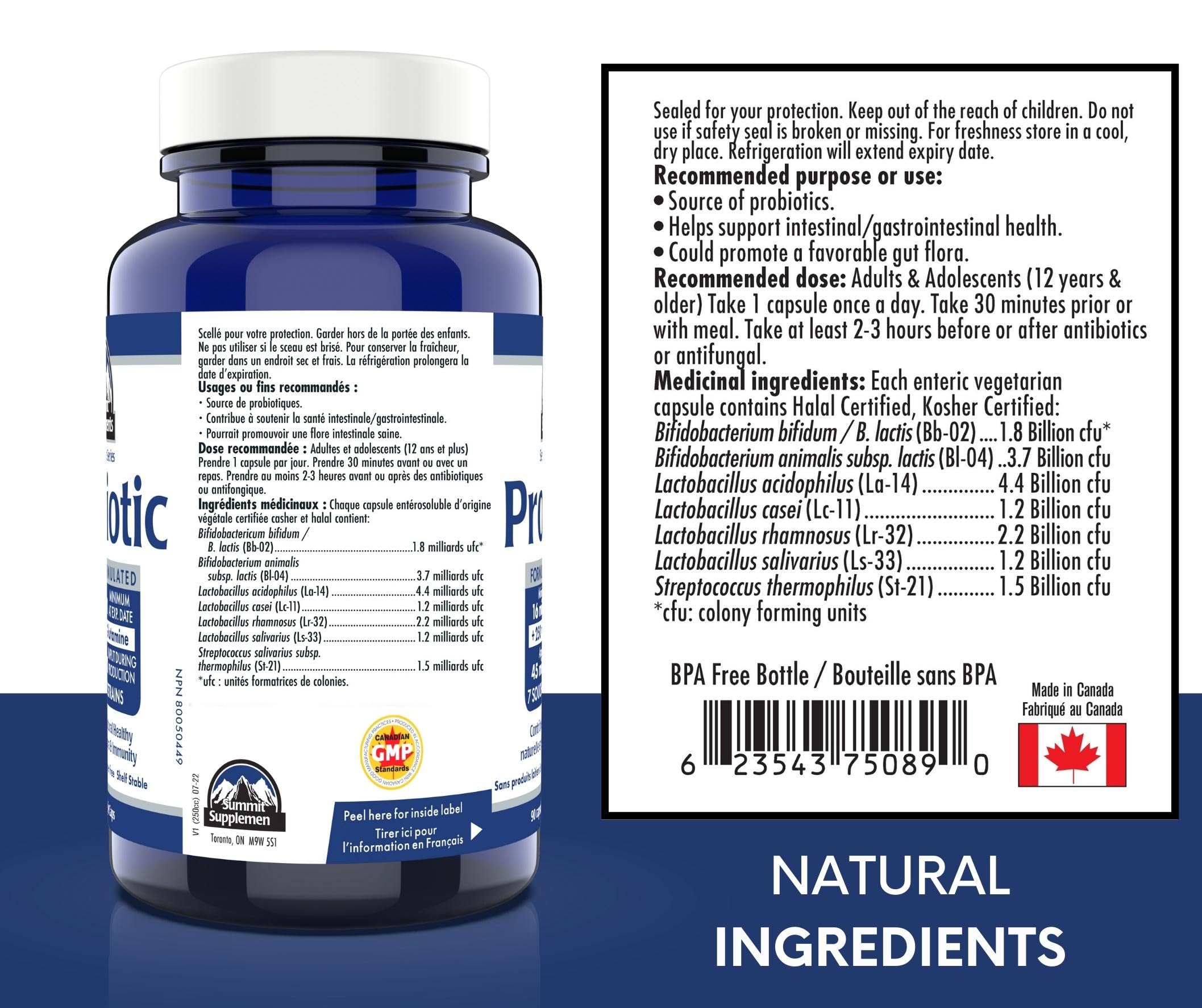 Probiotic Supplement 45 Billion CFU, 90 DR Veggie Caps with 250 mg L-Glutamine 90-Day Supply, 7 Strains for Gut Health and IBS Relief - Dairy, Soy & Gluten-Free, Proudly Canadian, Plastic Negative