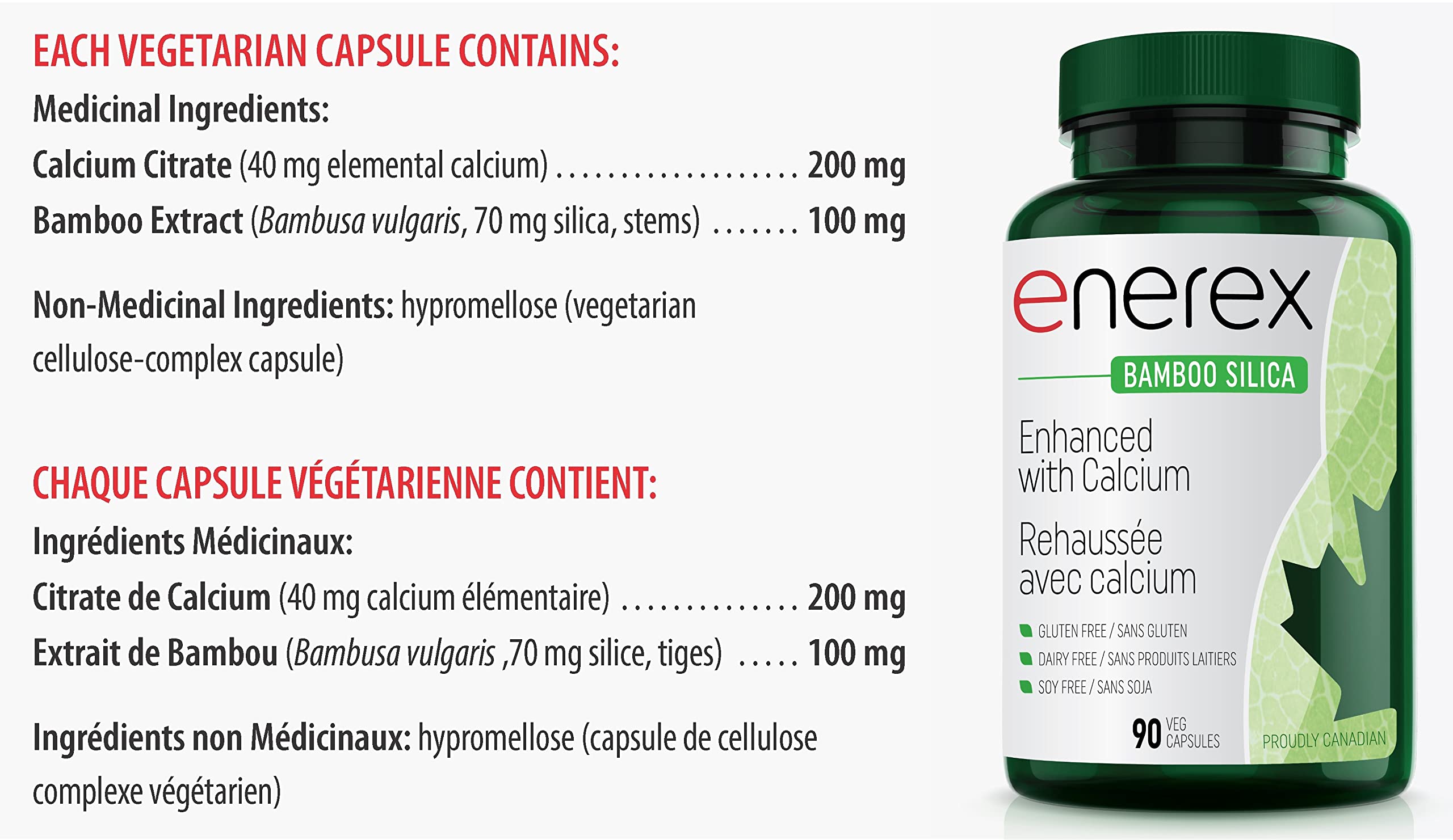 ENEREX Bamboo Silica with Calcium Citrate - 90 Veggie Capsules for Bone & Dental Support, Enhanced Hair, Skin & Nails Growth - Plant-Based Supplement, Bamboo Extract & Organic Silica