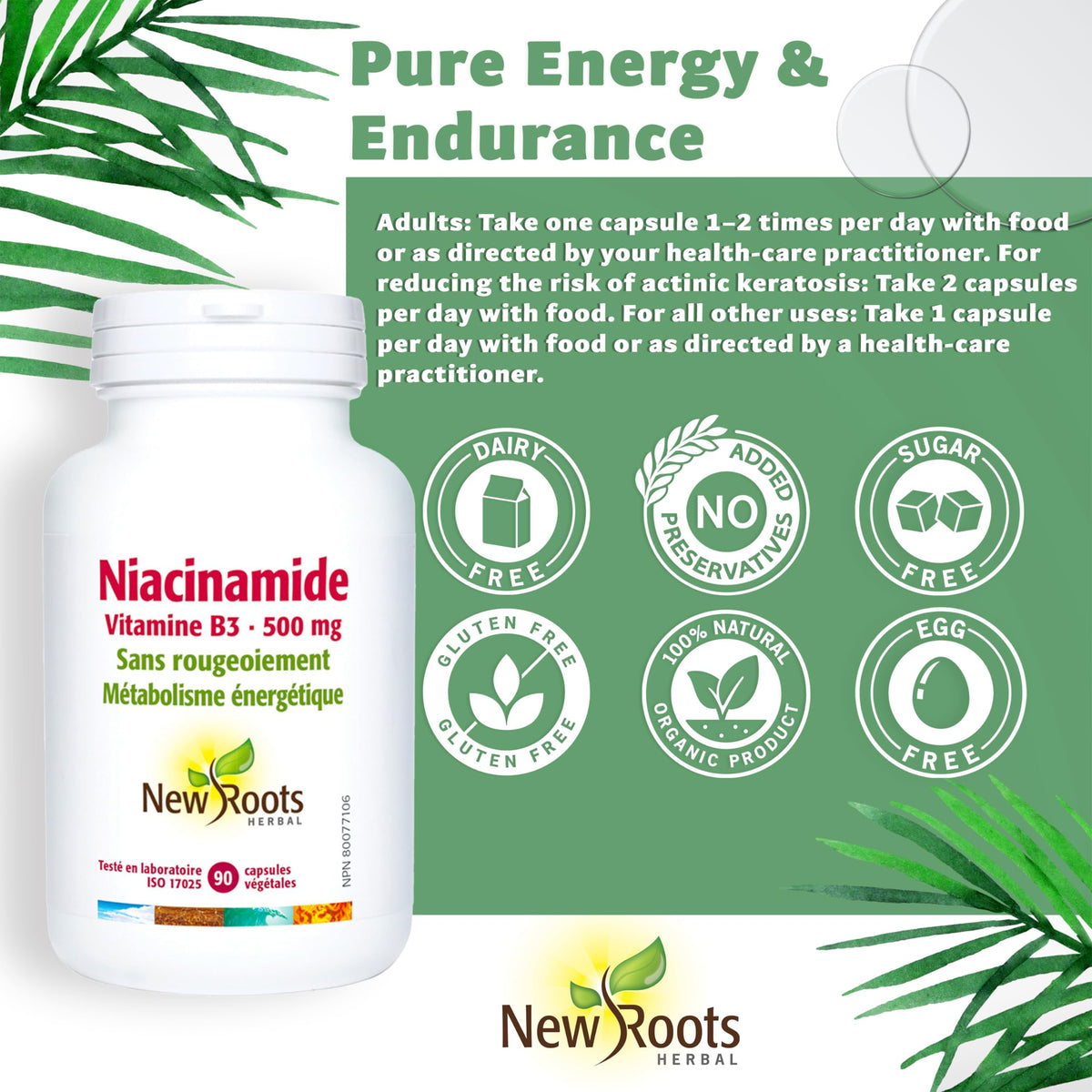 New Roots Herbal Niacinamide 500 mg, Niacin, Vitamin B3, 90 Veg Capsules