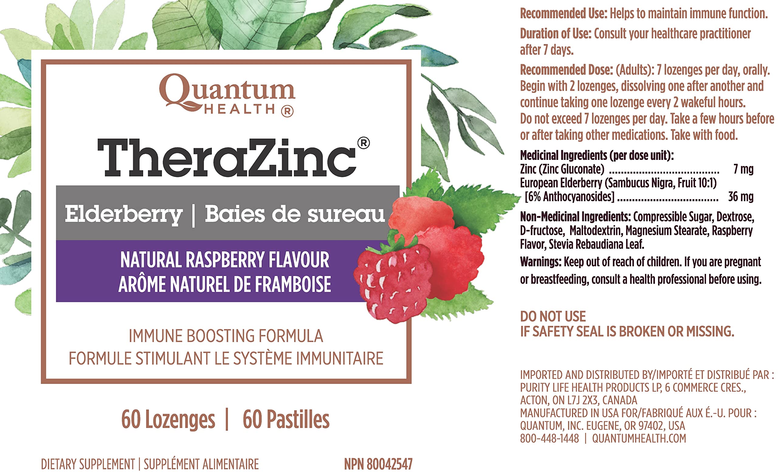 Quantum Health TheraZinc Elderberry 60 Lozenges - Natural Raspberry Flavour - Helps to Maintain Immune Function - Zinc Gluconate and Sambucus Nigra