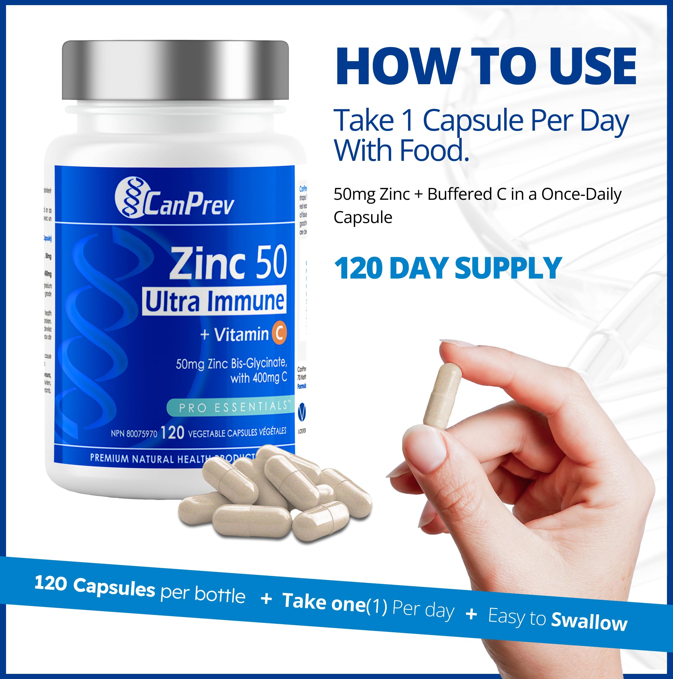 CanPrev Zinc Ultra Immune + Vitamin C, 120 Capsules 120-Day Supply - Vegan, Non-GMO and Gluten-Free - 50mg of Zinc Bis-Glycinate with 400mg of Vitamin C - Helps to Maintain Immune Function
