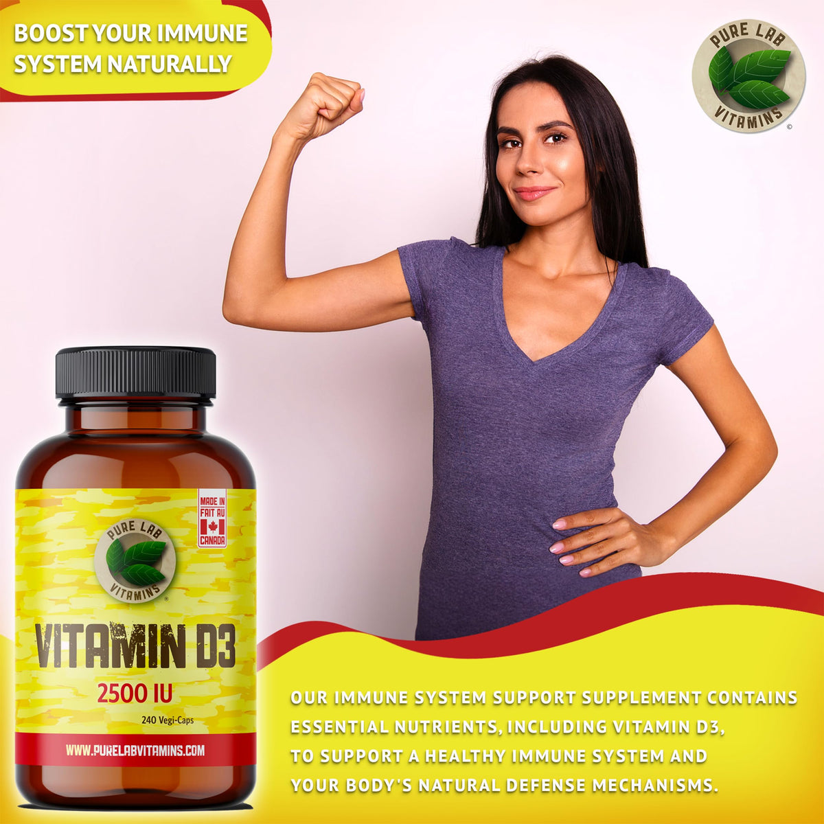 Pure Lab Vitamins | Vitamin D3 2500IU | 240 Capsules | Mood Booster, Bone Health, Teeth Health & Immune System Support | Vitamin D3 Cholecalciferol | Vitamin D3 Capsules | Vitamin D3 Supplement
