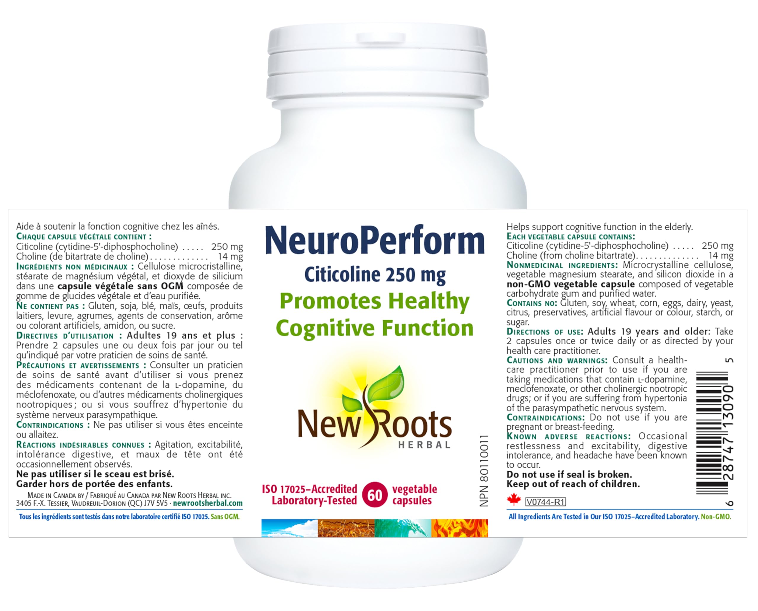 New Roots Herbal Neuro Perform, Citicoline 250 mg, Choline 14 mg, 60 gélules – Phosphatidylcholine, CDP Choline – Soutient les fonctions cognitives et la santé du cerveau, supplément idéal de choline pour la grossesse