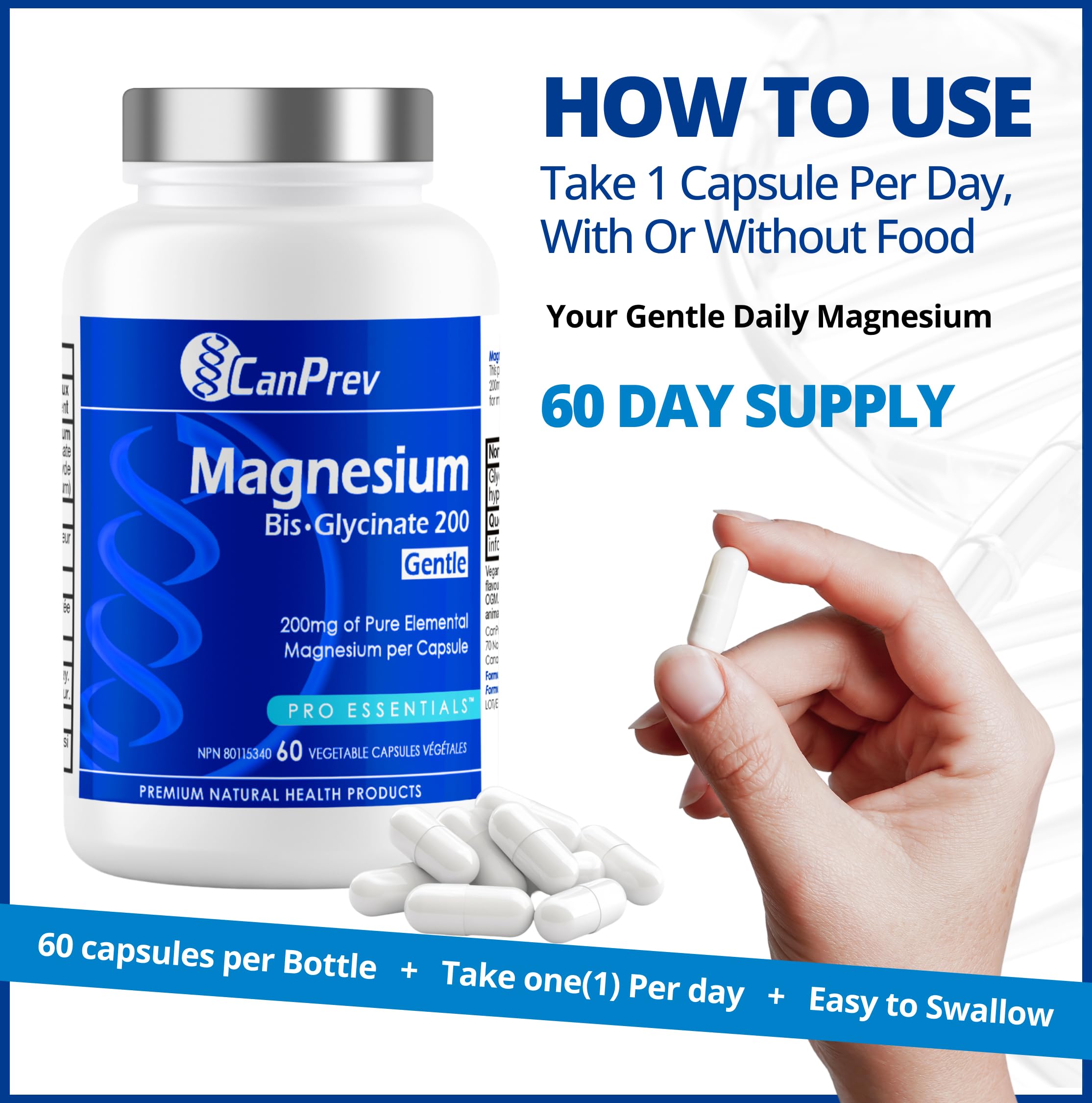 CanPrev - Bisglycinate de magnésium pur 200mg (Doux) | Supplément complexe de chélate élémentaire | Idéal pour les os, les articulations, la digestion, la constipation et un meilleur sommeil | Végétalien