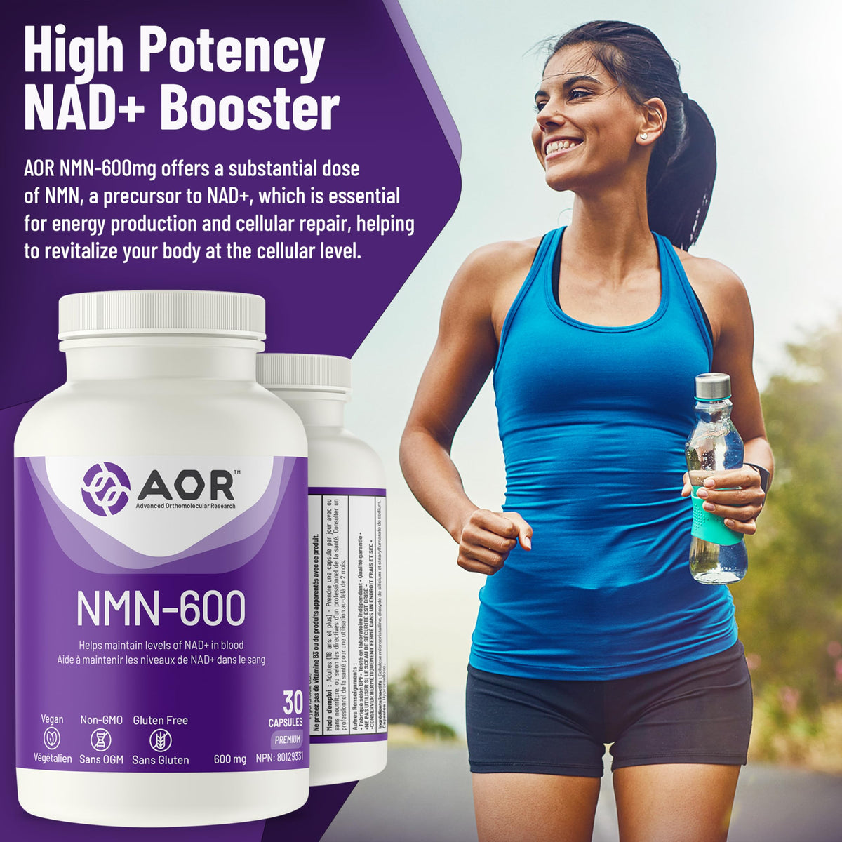 AOR NMN 600mg Capsules, Made in Canada, 30 Vegan Capsules, 30 Day Supply