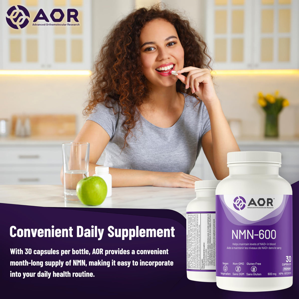 AOR NMN 600mg Capsules, Made in Canada, 30 Vegan Capsules, 30 Day Supply