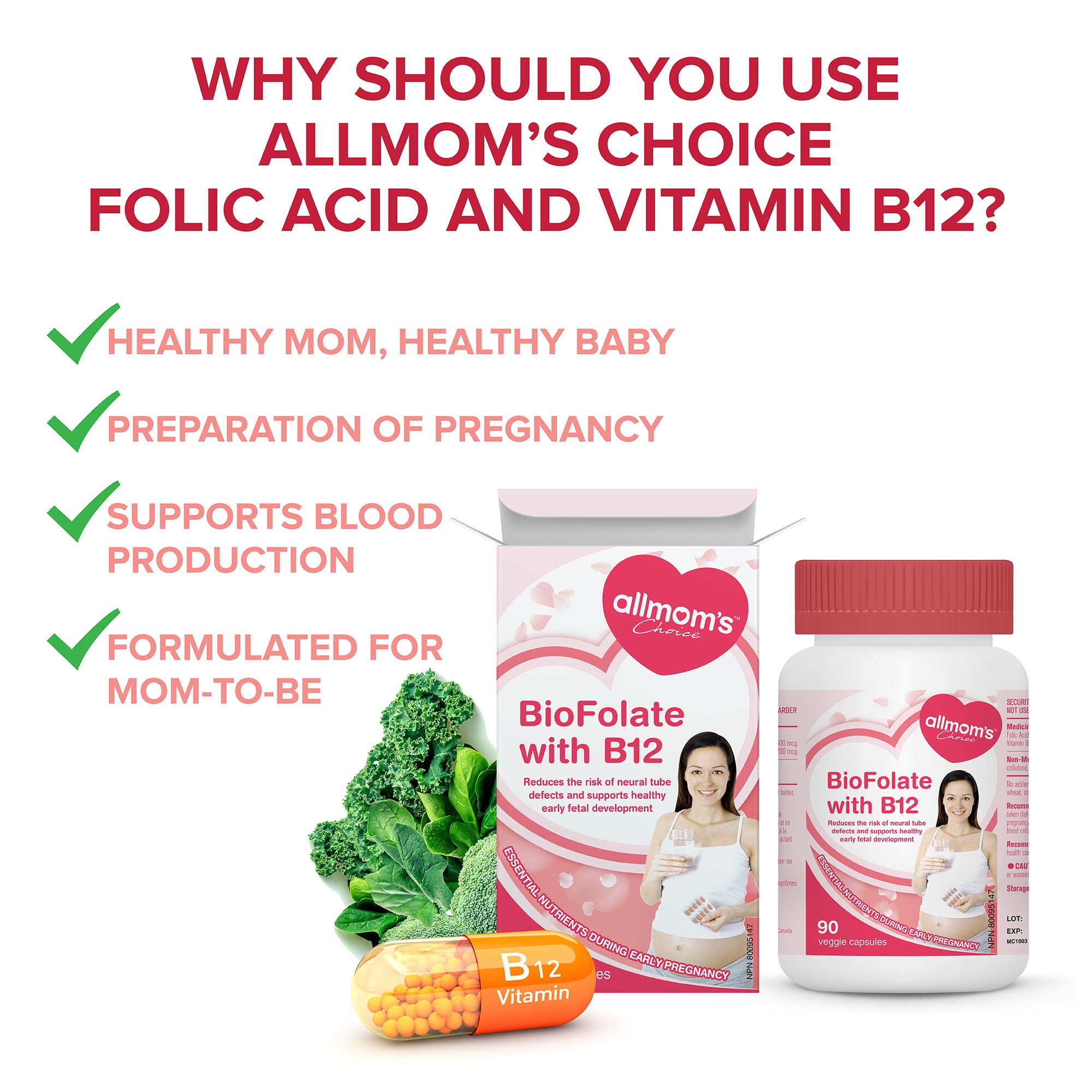 Supplément de grossesse végétalien à base d'acide folique et de vitamine B12 - Contient 400 µg de folate ou d'acide folique - Réduit le risque d'anomalies du tube neural et aide à la formation des globules rouges - 90 comprimés - Allmom's Choice