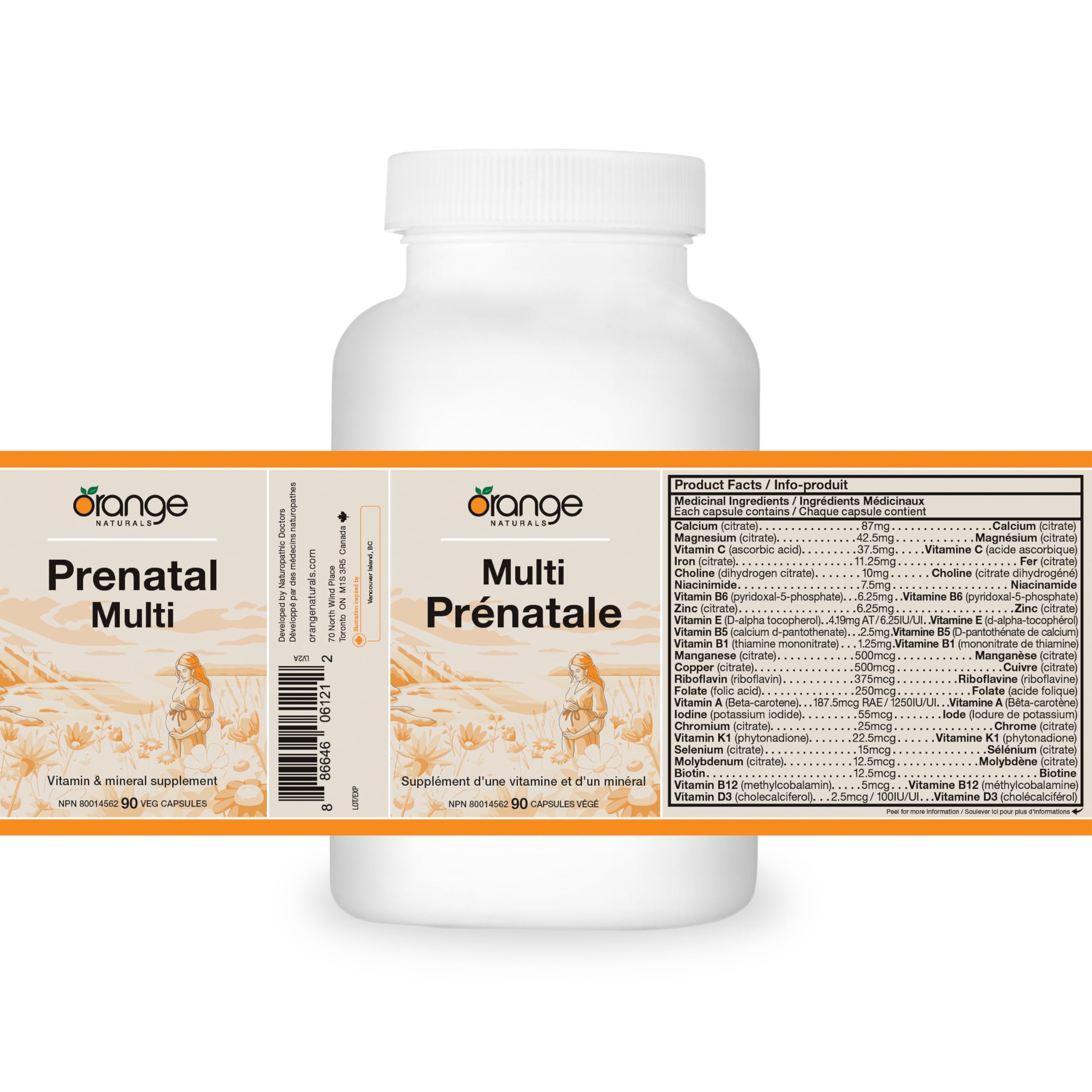 Orange Naturals - Multivitamine prénatale pour femmes, 90 capsules - Apporte les nutriments essentiels pour une grossesse en santé - Soutient le développement des os, des yeux, des nerfs et du système immunitaire du fœtus