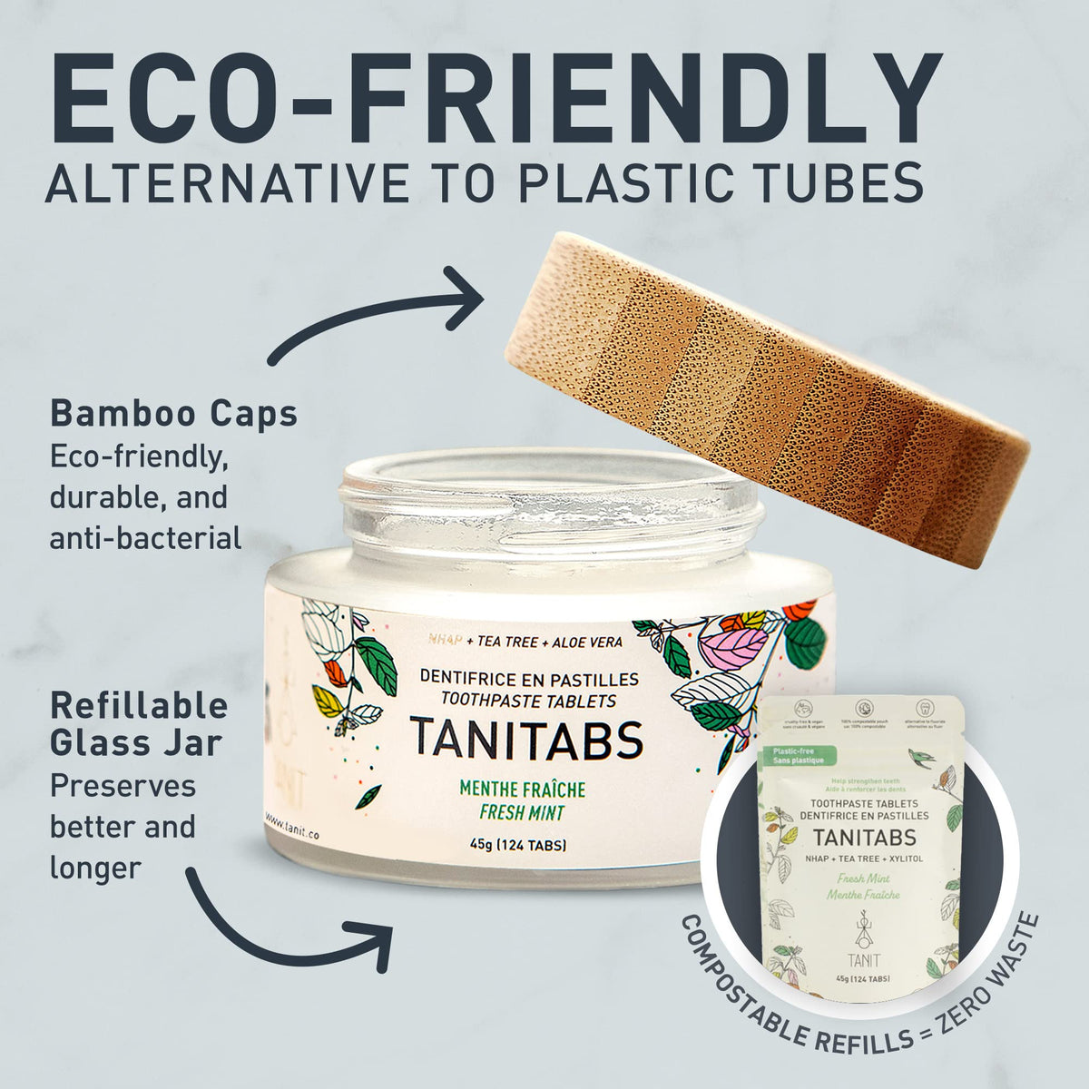 TANIT - TANITABS Fresh Mint Toothpaste Tablets - Fluoride-Free, Natural for Gum and Teeth Care, Zero-Waste, Eco-friendly, Perfect for Travel, Comes in Bamboo Jar - 124 Tabs