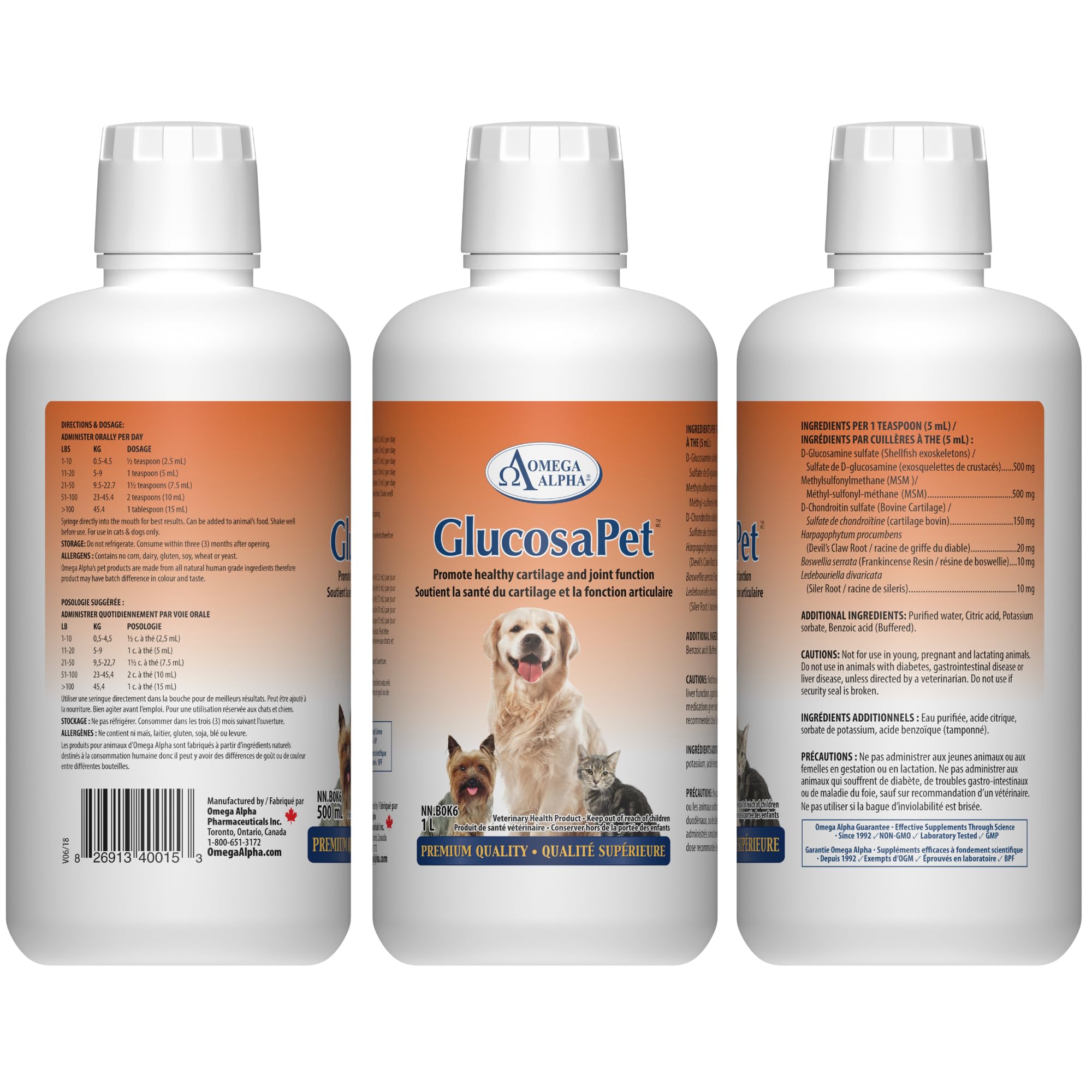 Omega Alpha GlucosaPet, supplément liquide pour chiens et chats 1 litre avec glucosamine chondroïtine MSM, soutient le confort articulaire, la mobilité, la flexibilité et le cartilage