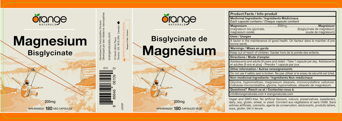 Orange Naturals Magnesium Glycinate Capsules, 200mg, Vegan, 180-Day Supply
