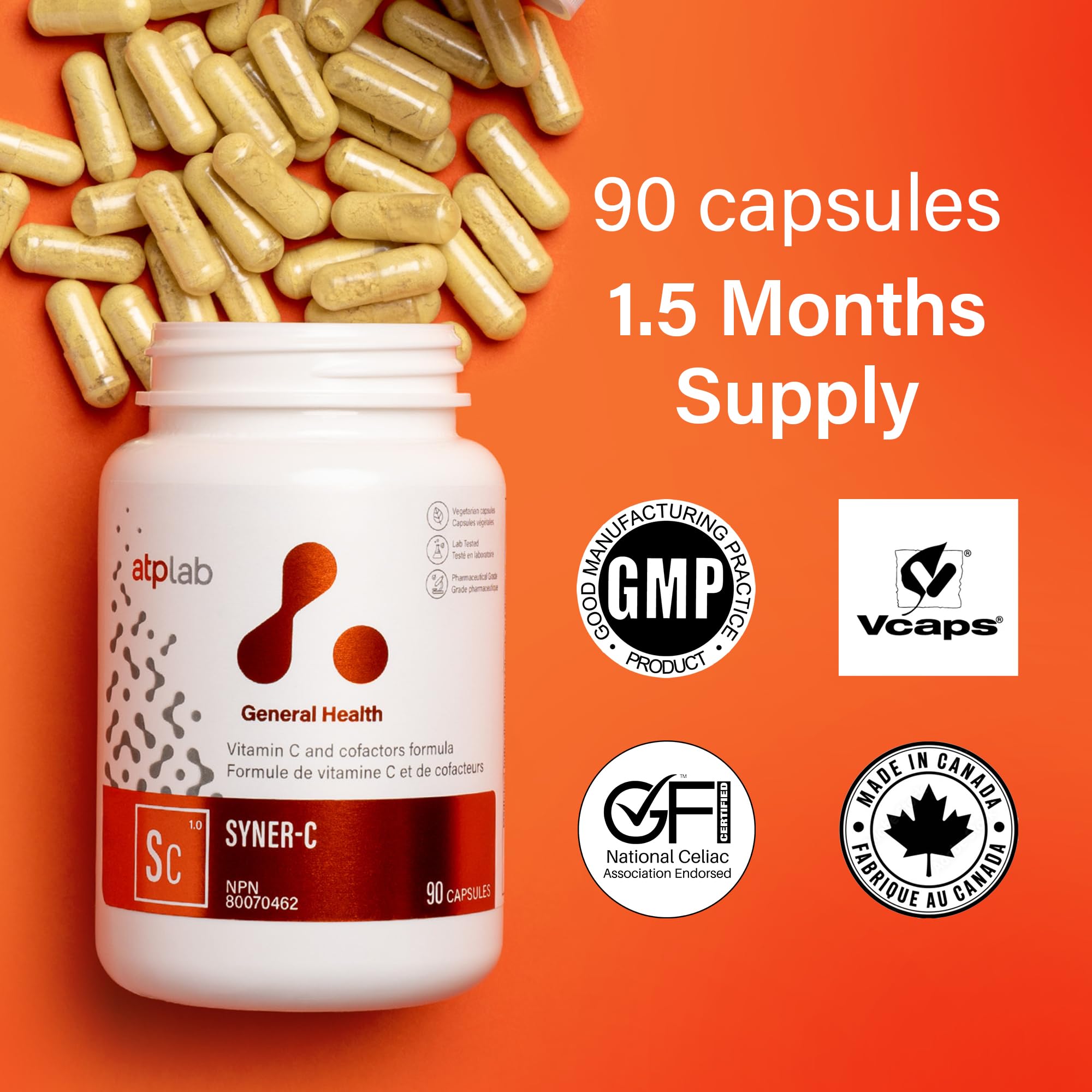 ATP LAB - Syner-C 90 Capsules 45-Day Supply - Vitamin-C Capsules Quercetin Supplements - Pressure Relief Supplement - Vitamin C Immune Support & Wound Healing Supplement