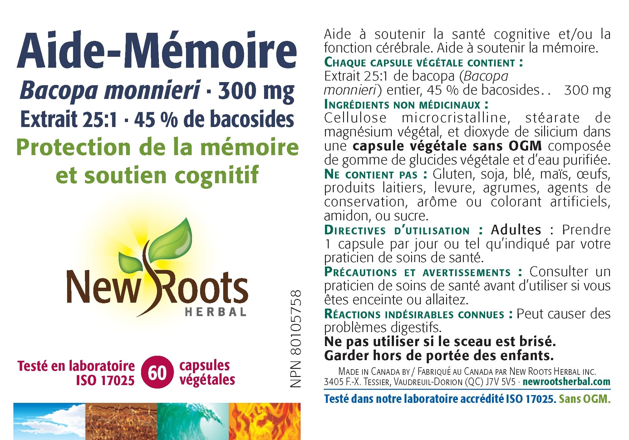 New Roots Herbal - Memory Care Bacopa Monnieri 300mg, 60 Capsules 60-Day Supply - Supplement for Cognitive Support & Memory Protection - Enhances Brain Function, Focus & Clarity - Gluten-Free Formula