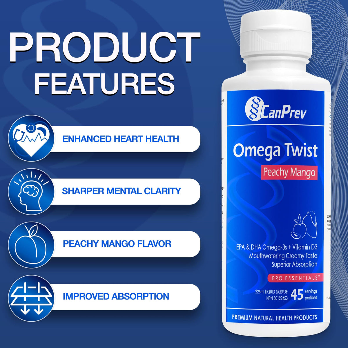 CanPrev Omega Twist Omega 3 Liquid Supplement, Vitamin D3, 45 Servings