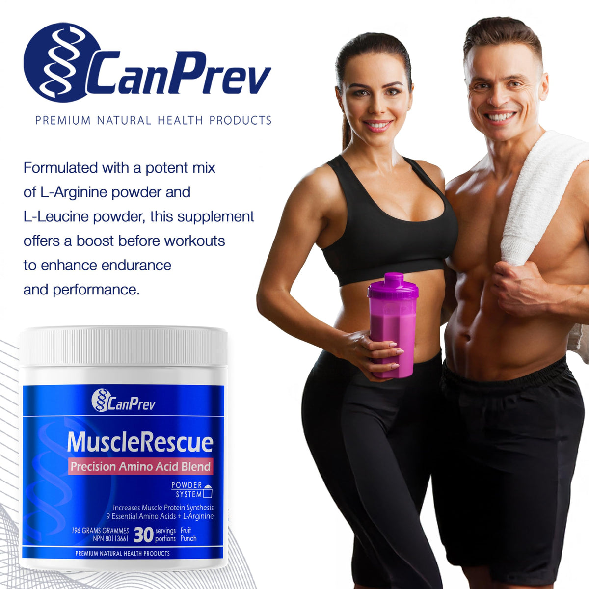 CanPrev Muscle Rescue Vegan Amino Acid Powder, 9 EAAs, Fruit Punch, 196g