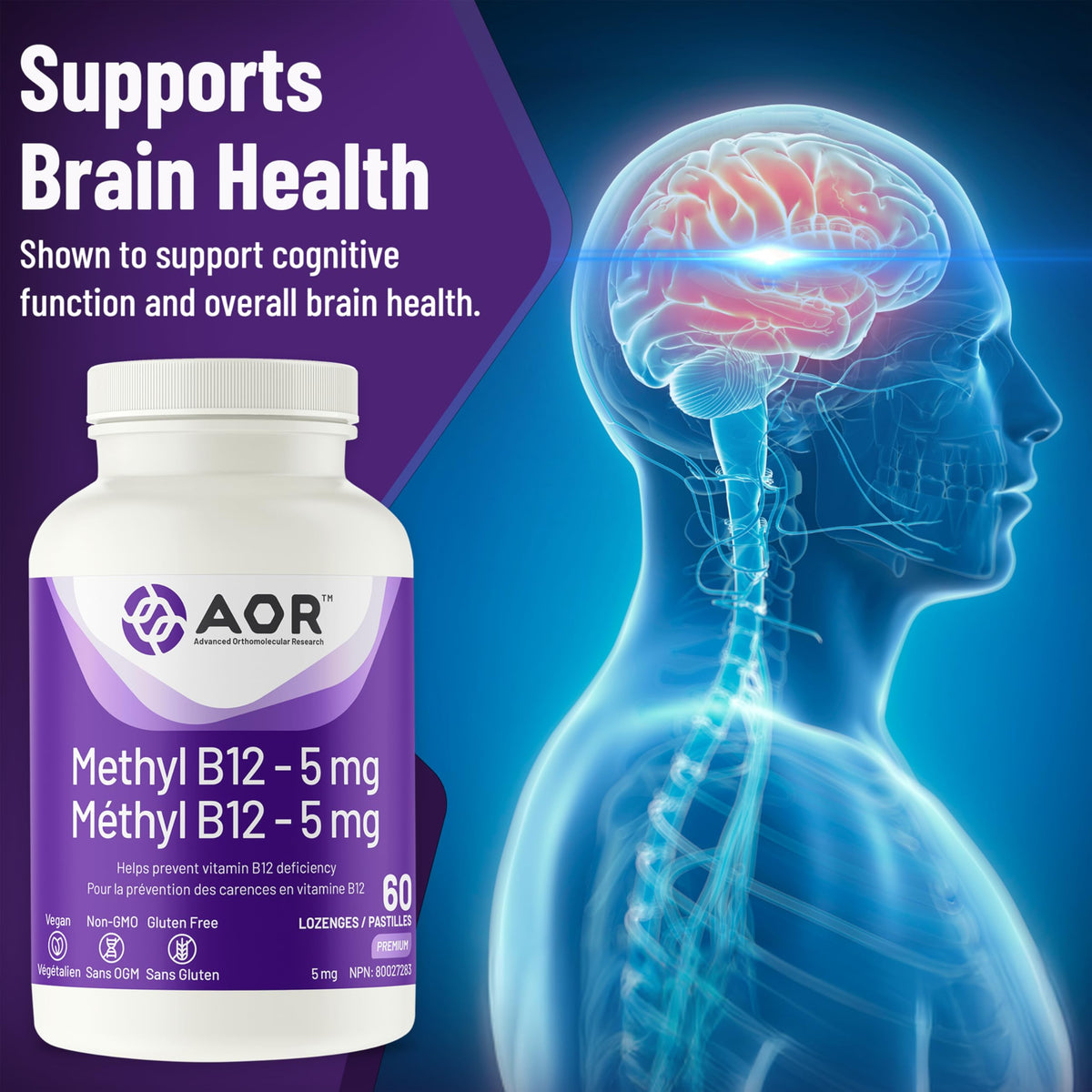 AOR Methylcobalamin Vitamin B12 Lozenges, 5 mg, 60 Lozenges & 60 Day Supply