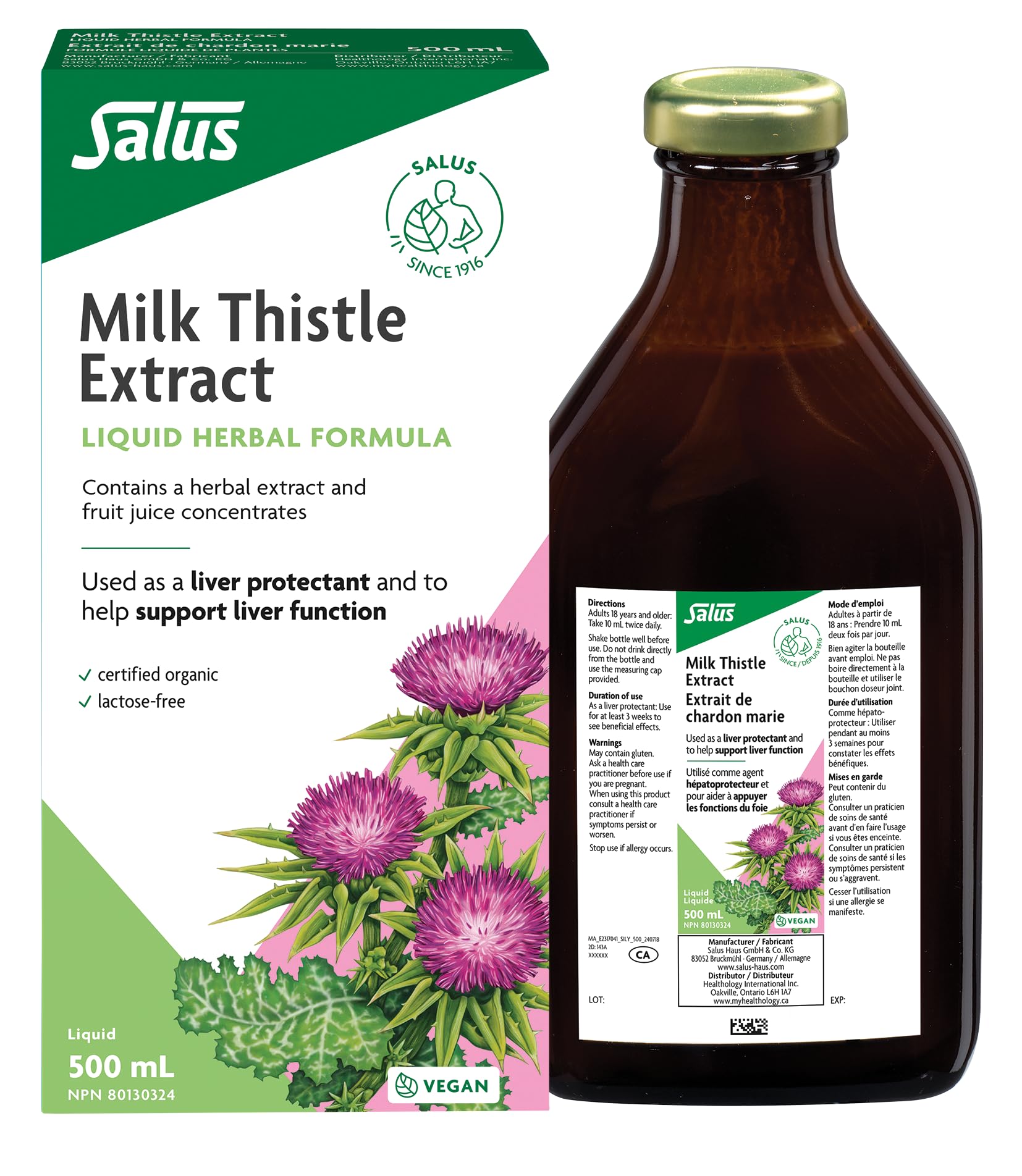 Extrait de chardon-marie Salus pour la santé du foie, certifié biologique (500 ml)