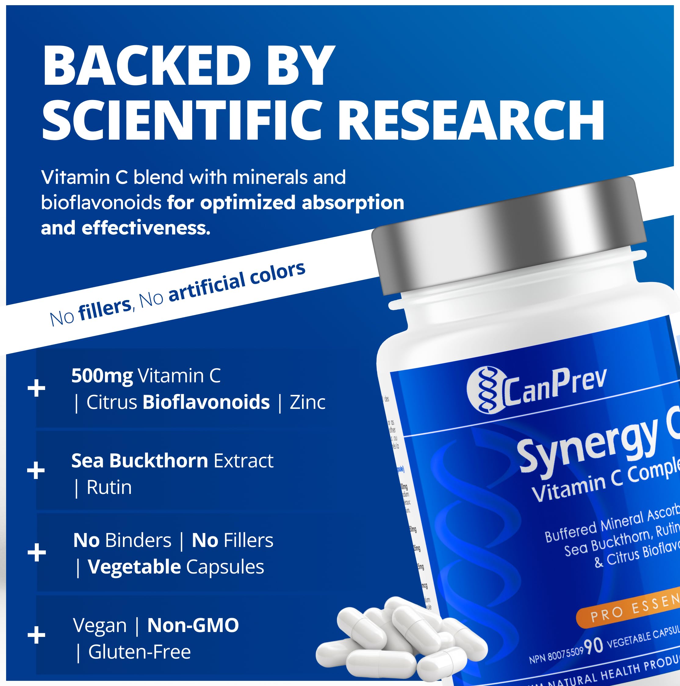 CanPrev Synergy C, Complexe de vitamine C, 90 capsules végétales, approvisionnement de 45 jours - Ascorbates minéraux tamponnés, argousier, bioflavonoïdes d'agrumes et citrate de zinc - Soutient les antioxydants - Végétalien, sans OGM et sans gluten