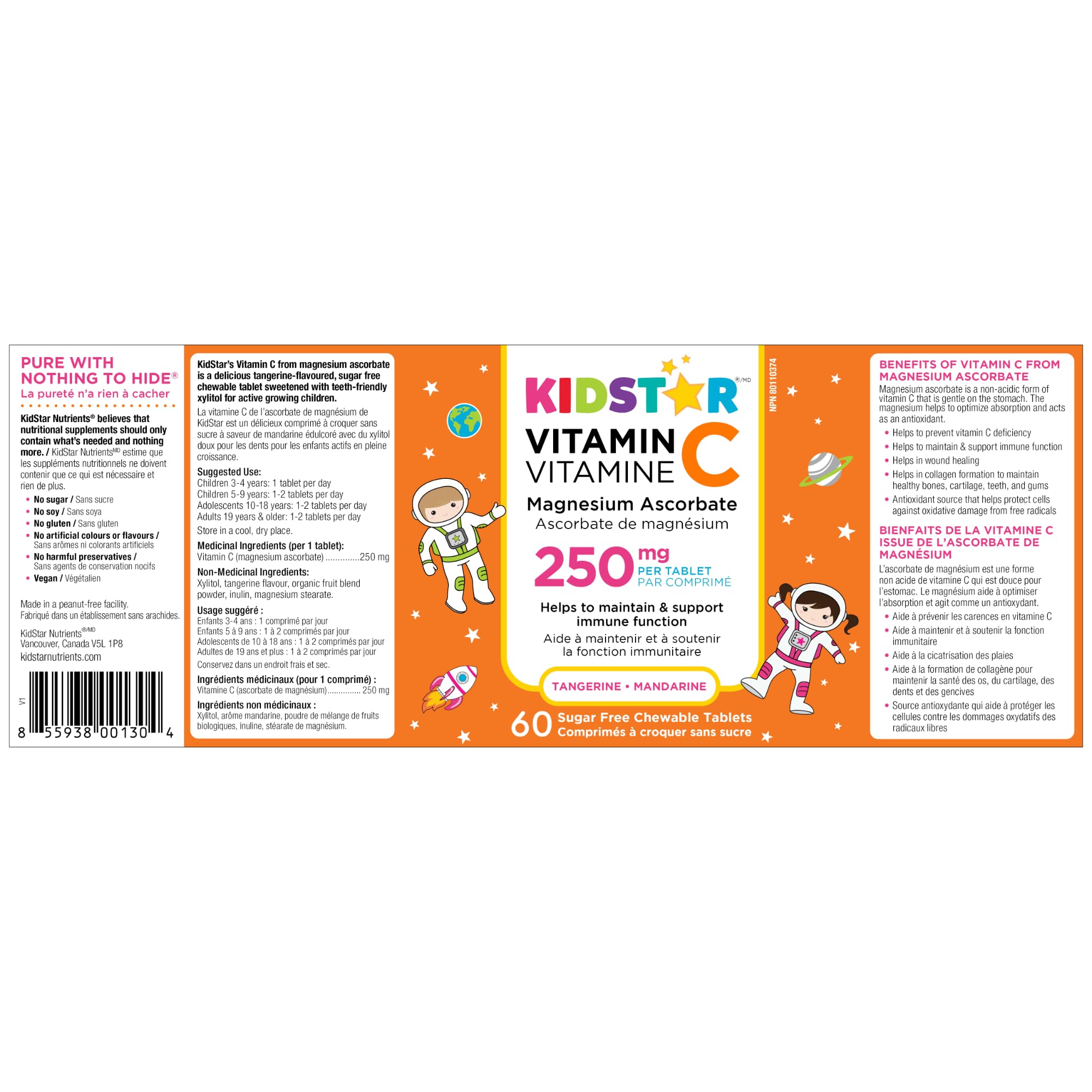 KidStar Vitamin C 250mg, 60 Sugar-Free Chewable Tablets 60-Day Supply, Tangy Tangerine Flavor, Support Immune Function & Collagen Production, Antioxidant-Rich, Gentle on Stomach, Non-GMO & Gluten-Free