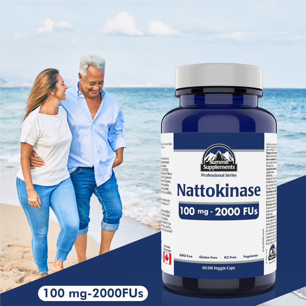 Nattokinase 100mg 2000 FU, 60 DR Vegetarian Capsules, 60-Day Supply - Supports Cardiovascular & Heart Health, Non-GMO, Gluten-Free - Promotes Circulation & Vitality, Proudly Canadian, Plastic Negative