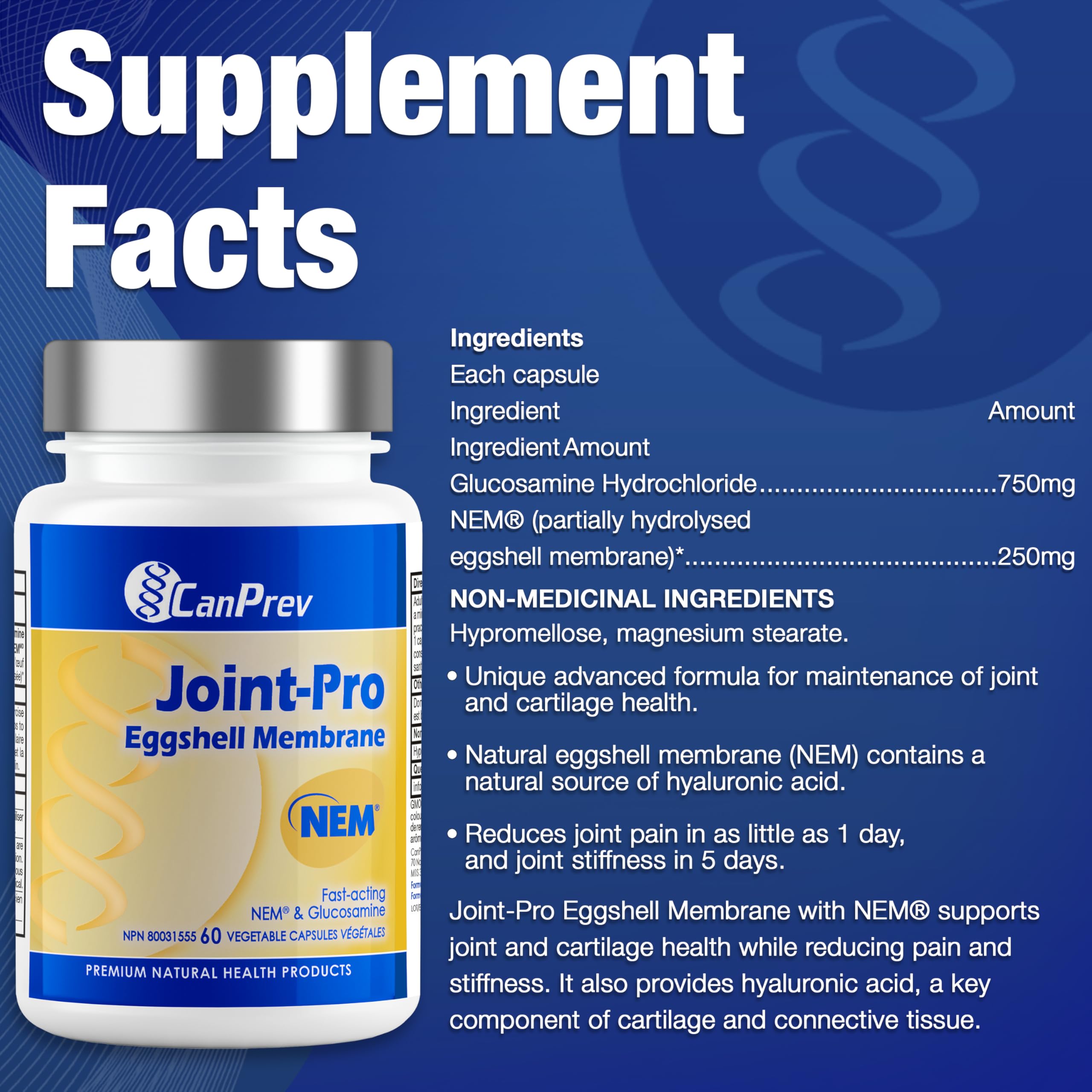 CanPrev Joint-Pro NEM Natural Eggshell Membrane, 60 V-Caps 30 Days Supply - NEM Supplement for Joint Comfort, Flexibility and Improve Recovery - Promotes Cartilage Function - Encourages Easy Movement