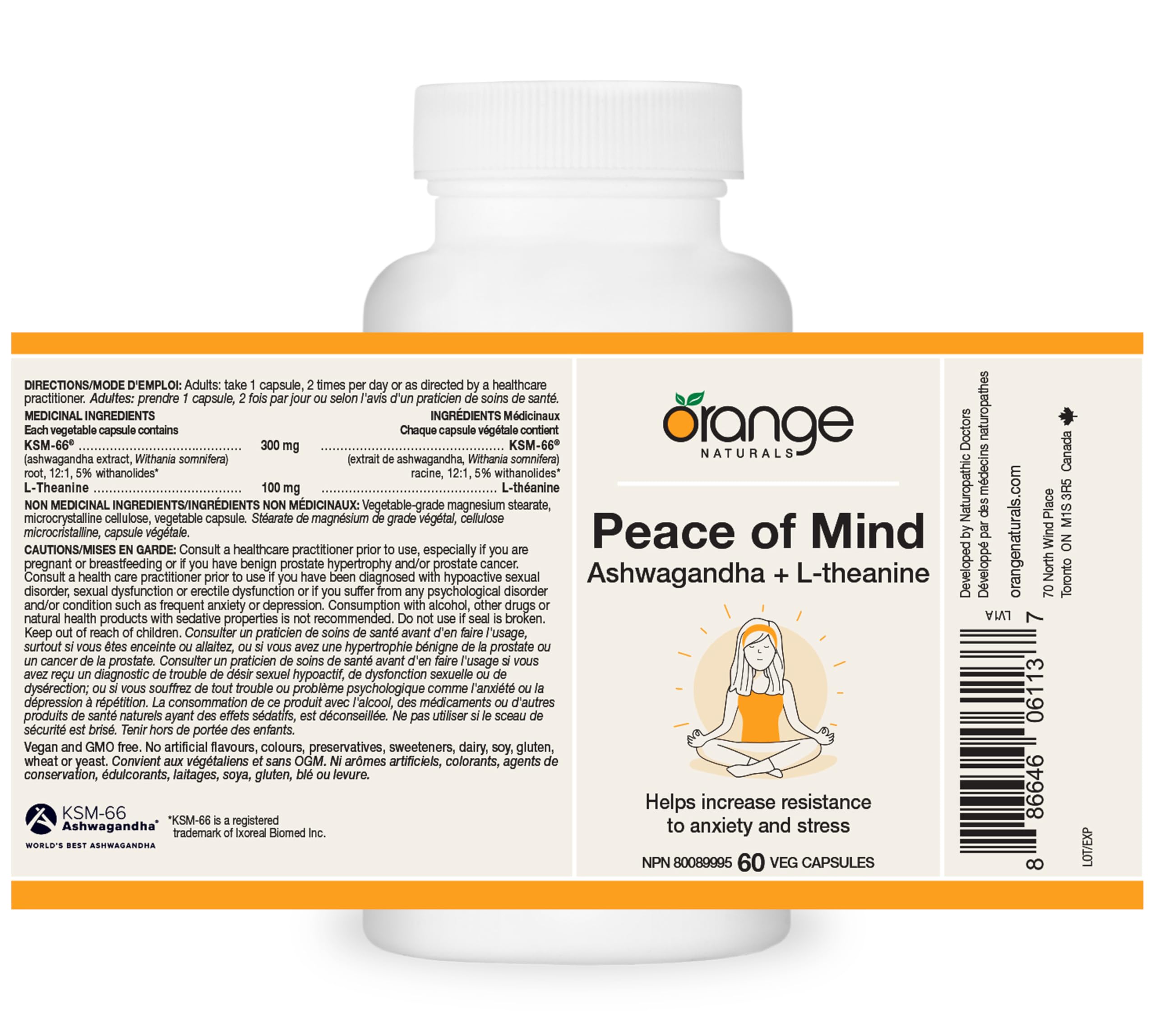Orange Naturals - Tranquillité d'esprit, Ashwagandha KSM-66 et L-théanine, 60 gélules pour 30 jours - Ashwagandha haute concentration 300 mg et L-théanine 100 mg pour la relaxation et la concentration - Végan et sans OGM