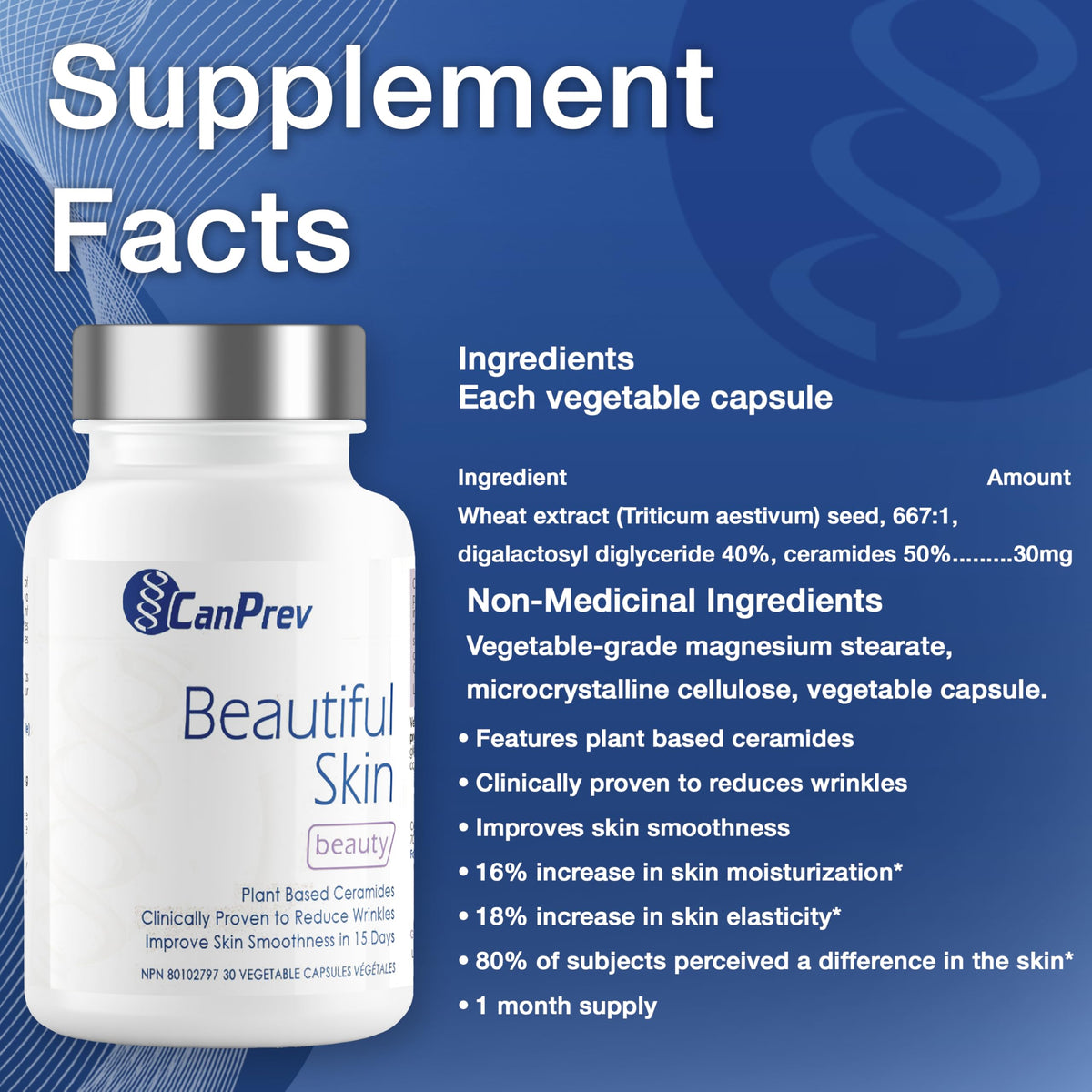 CanPrev Beautiful Skin, Plant Based Ceramides, Skin Smoothness, 30 Caps