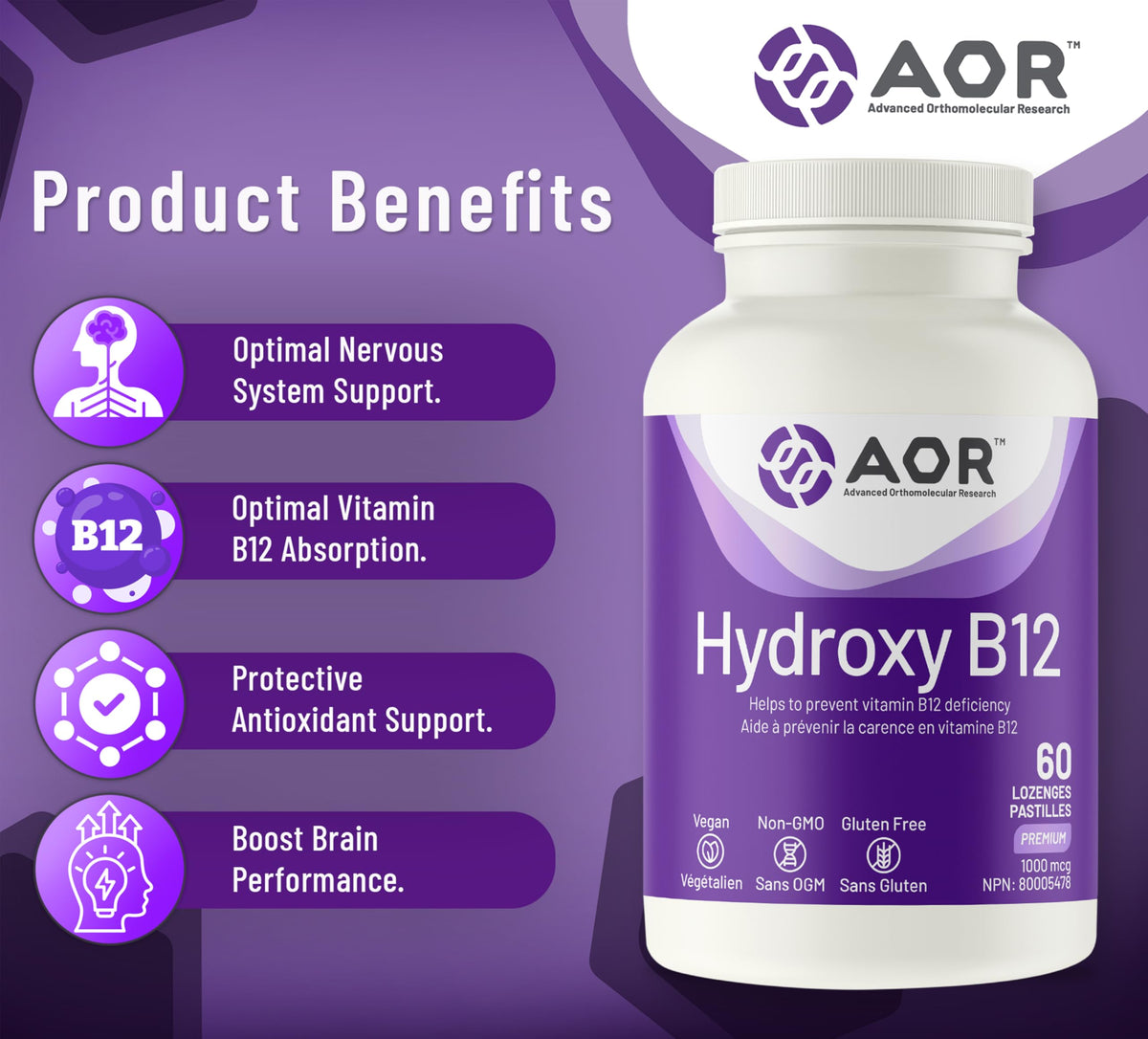AOR Hydroxy B12 Lozenges, Hydroxocobalamin B12, 1000mcg, 60 Day Supply