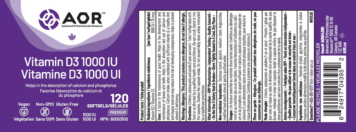 AOR Vitamin D3 1000 IU, Vegan D3 Softgels, Gluten Free, 120 Softgels