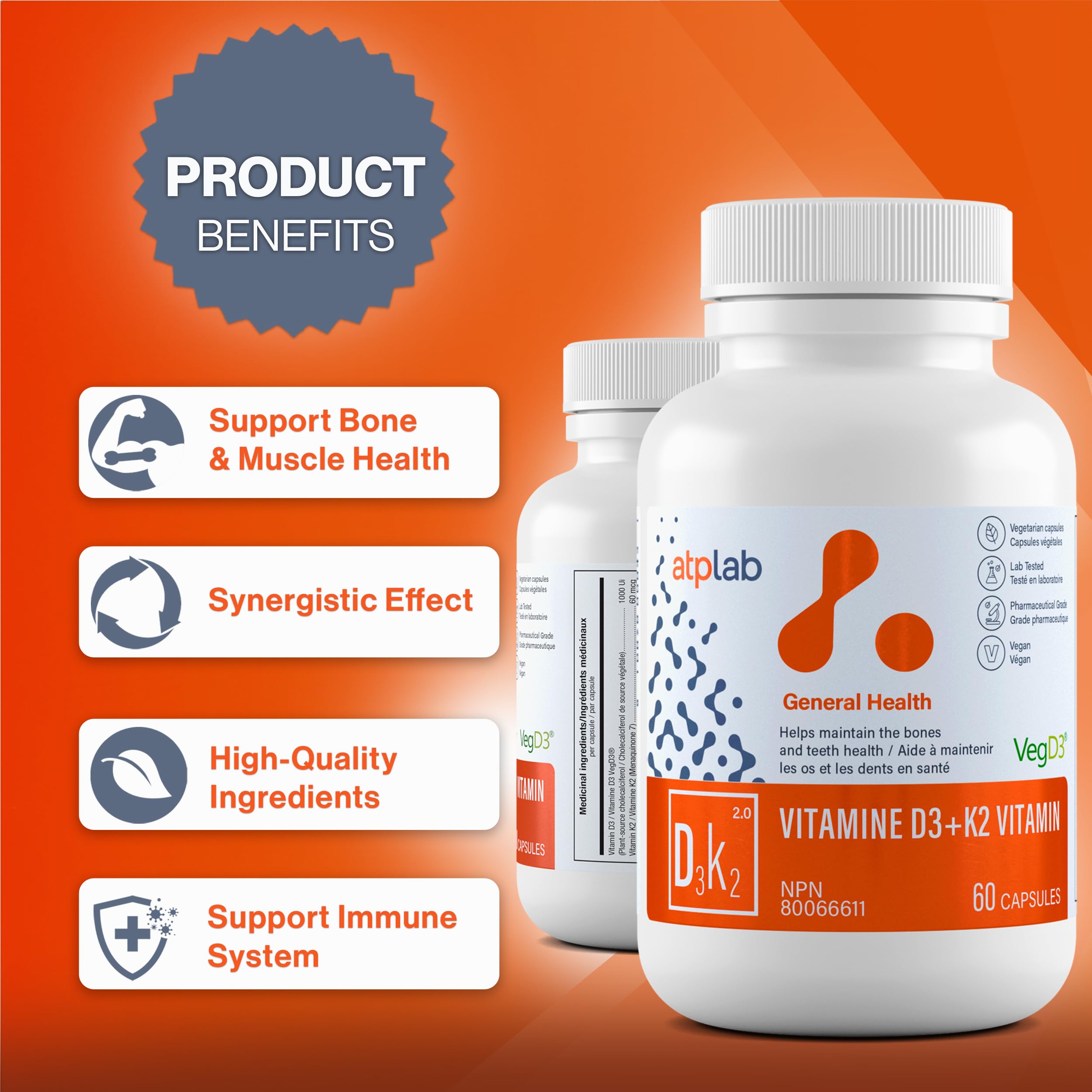 ATP LAB - Vitamine D3 K2 60 Gélules Fourniture de 60 Jours - Complément de Vitamines K2 MK-7 D3 - Os Sains, Dents Saines, Muscles Sains - Complément de Vitamines K2 D3 - D3 K2 Végétalien