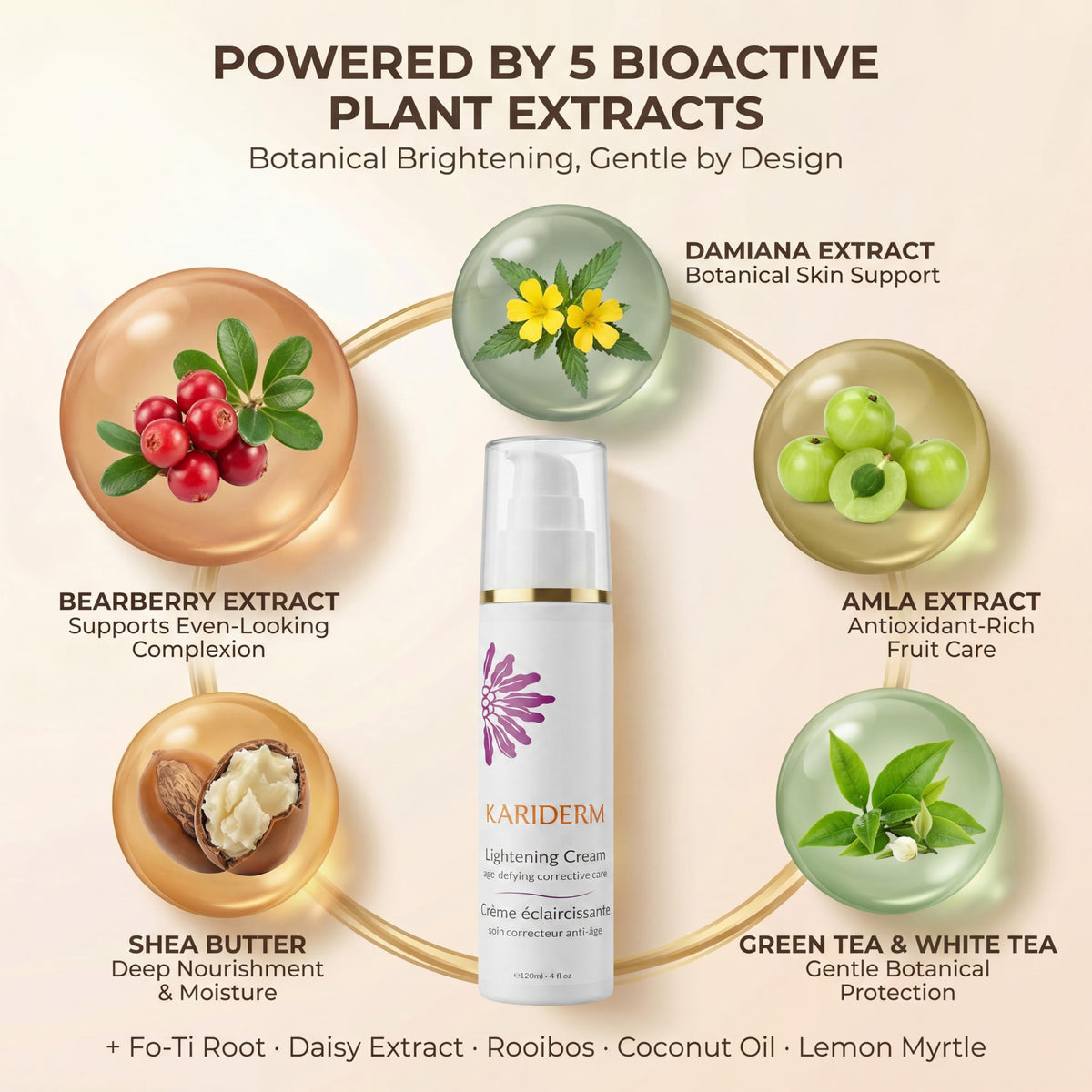 KARIDERM Lightening Cream 120ml, Organic Shea Butter with Bearberry & Damiana, Age-Defying Daily Care for Even Skin Tone