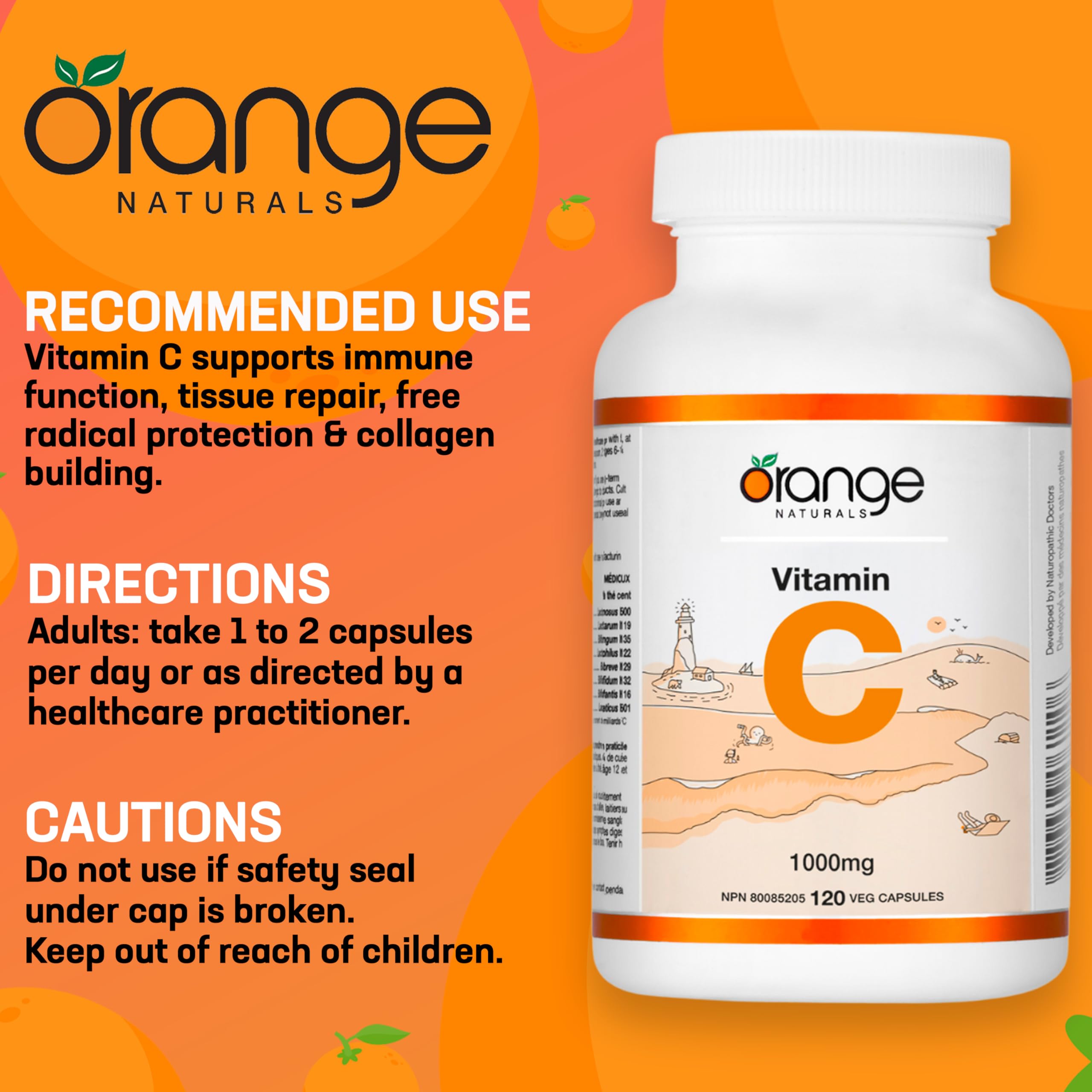 Orange Naturals Vitamine C 1000 mg, 120 V-Caps, Approvisionnement de 4 mois, Supplément d'acide ascorbique pur, Végétalien, Pratique au quotidien, Favorise le bien-être, Soutien antioxydant, Formation de collagène, Os et dents sains