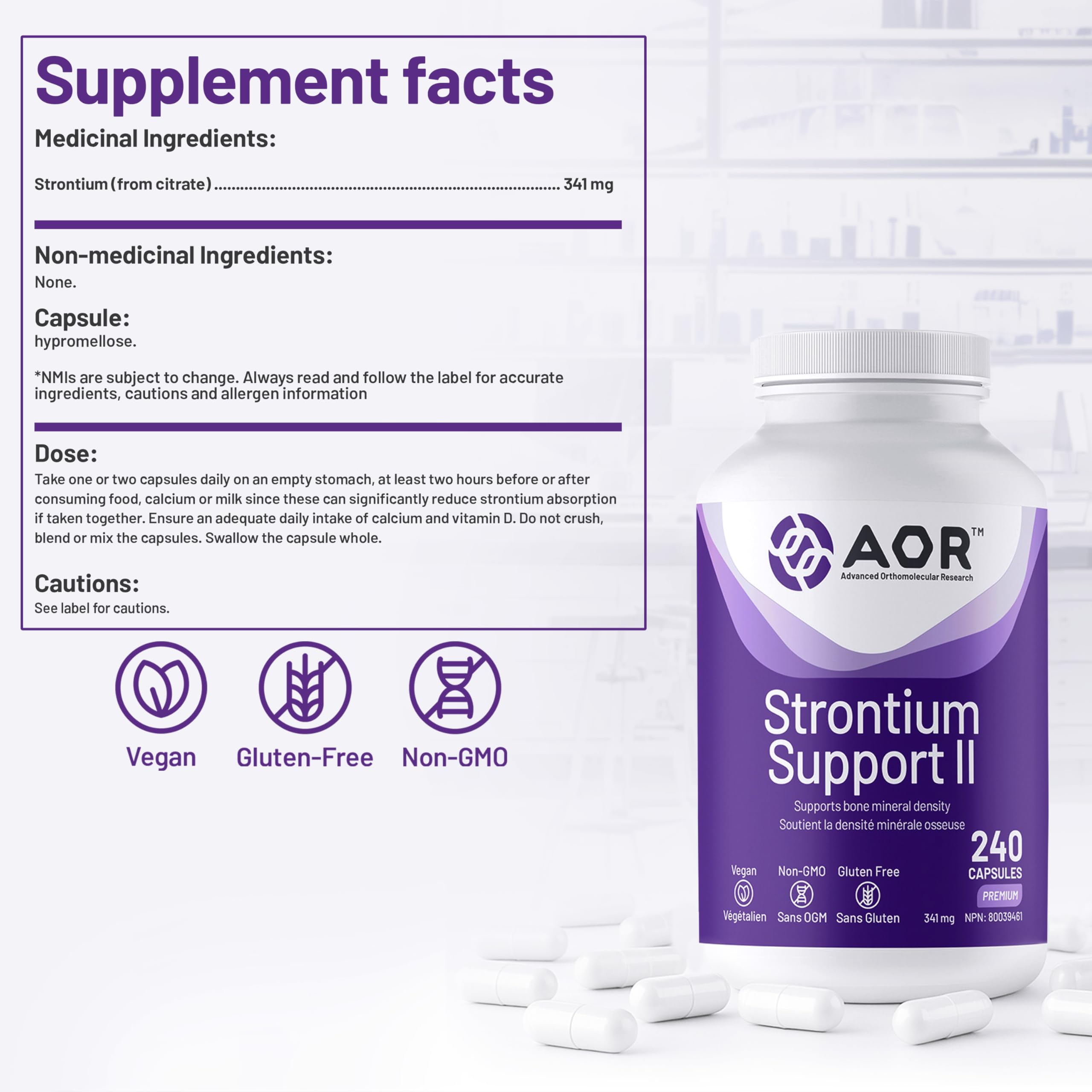 AOR - Strontium Support II 341 mg, 60 gélules - Supplément pour la guérison des fractures osseuses - Le Strontium renforce la solidité des os - Supplément de strontium - Supplément pour la santé osseuse - Citrate de strontium