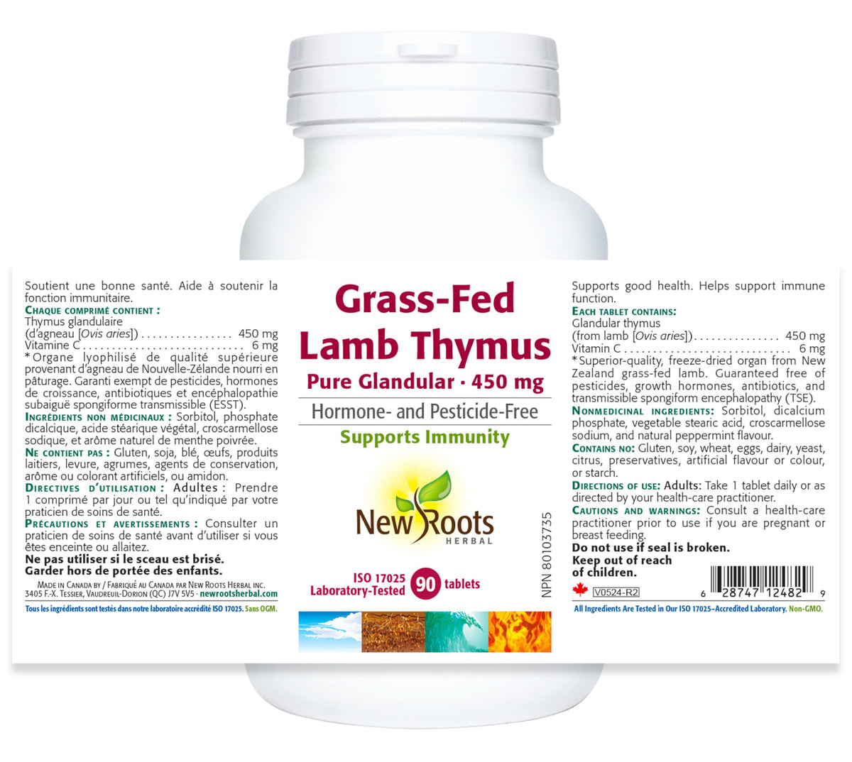 New Roots Herbal Grass-Fed Lamb Thymus Pure Glandular Supplement 450mg, 90 Tablets, 90-Day Supply - Natural Source, Essential Nutrients for Overall Wellness, Supports Thymus Gland Function