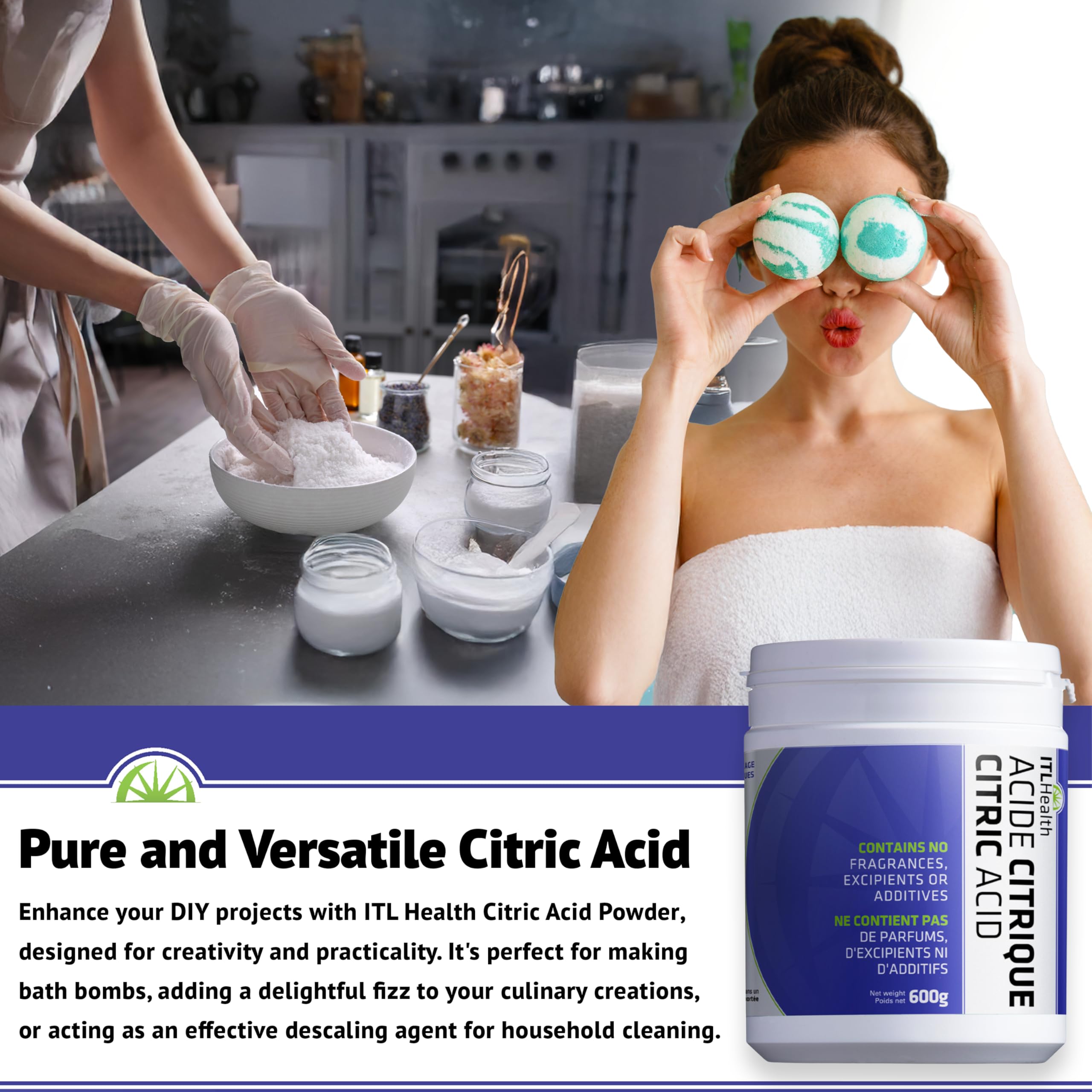 ITL Health Citric Acid Powder 600g - Pure, Food-Grade Quality for DIY Bath Bombs, Descaling & Household Cleaning, Non-GMO, Cleaner, Natural Ingredient for Cooking & a Variety of Home Uses