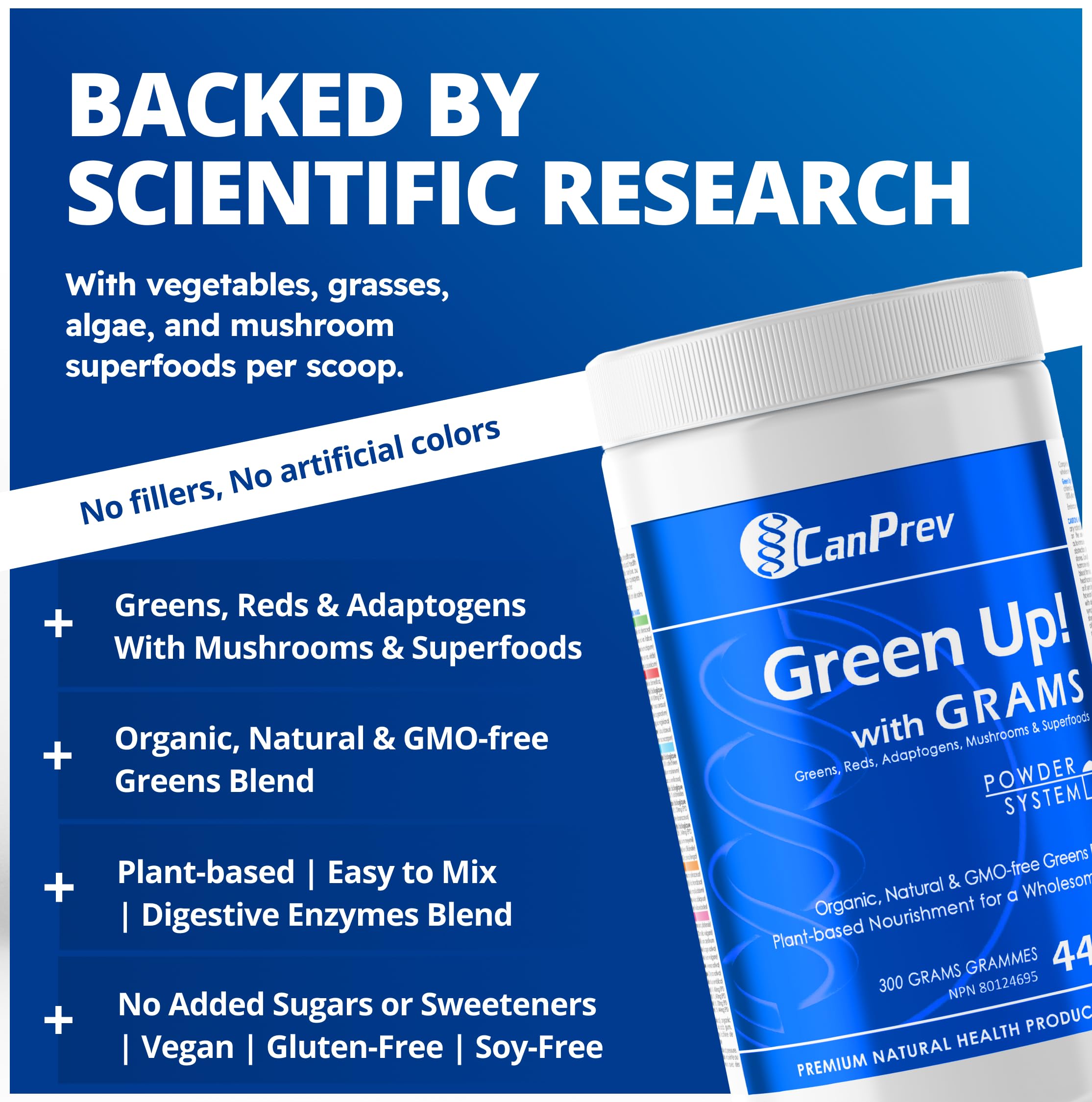 CanPrev Green Up! with GRAMS 300g Powder, 44-Servings, Organic Spirulina & Adaptogens, Nutrient-Rich Greens, Reds & Mushrooms Blend, Energizing Superfood for Smoothies - Vegan, GMO-free, & Gluten-free
